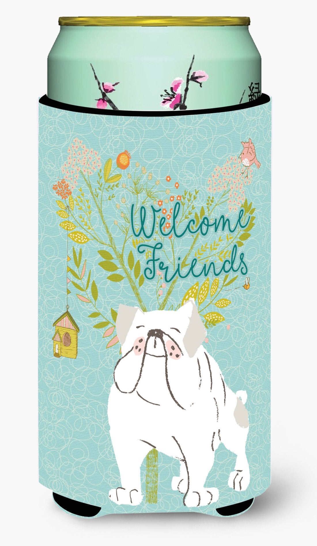 Welcome Friends English Bulldog White Tall Boy Beverage Insulator Hugger BB7603TBC by Caroline's Treasures