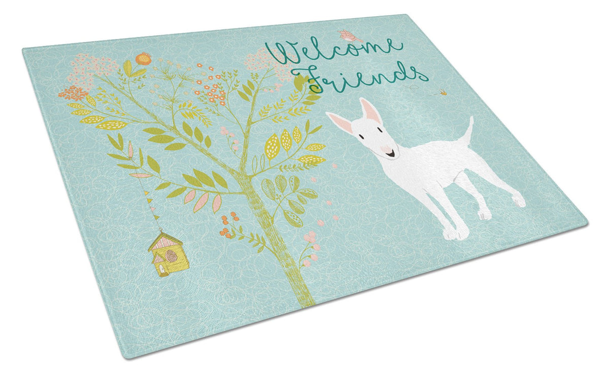 Welcome Friends White Bull Terrier Glass Cutting Board Large BB7606LCB by Caroline&#39;s Treasures