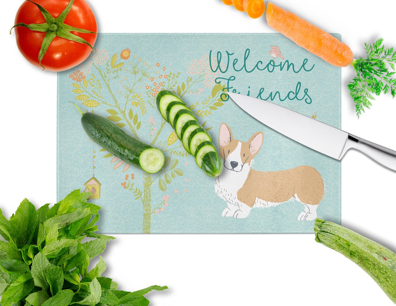 Welcome Friends Pembroke Welsh Corgi Red Glass Cutting Board Large BB7608LCB by Caroline's Treasures