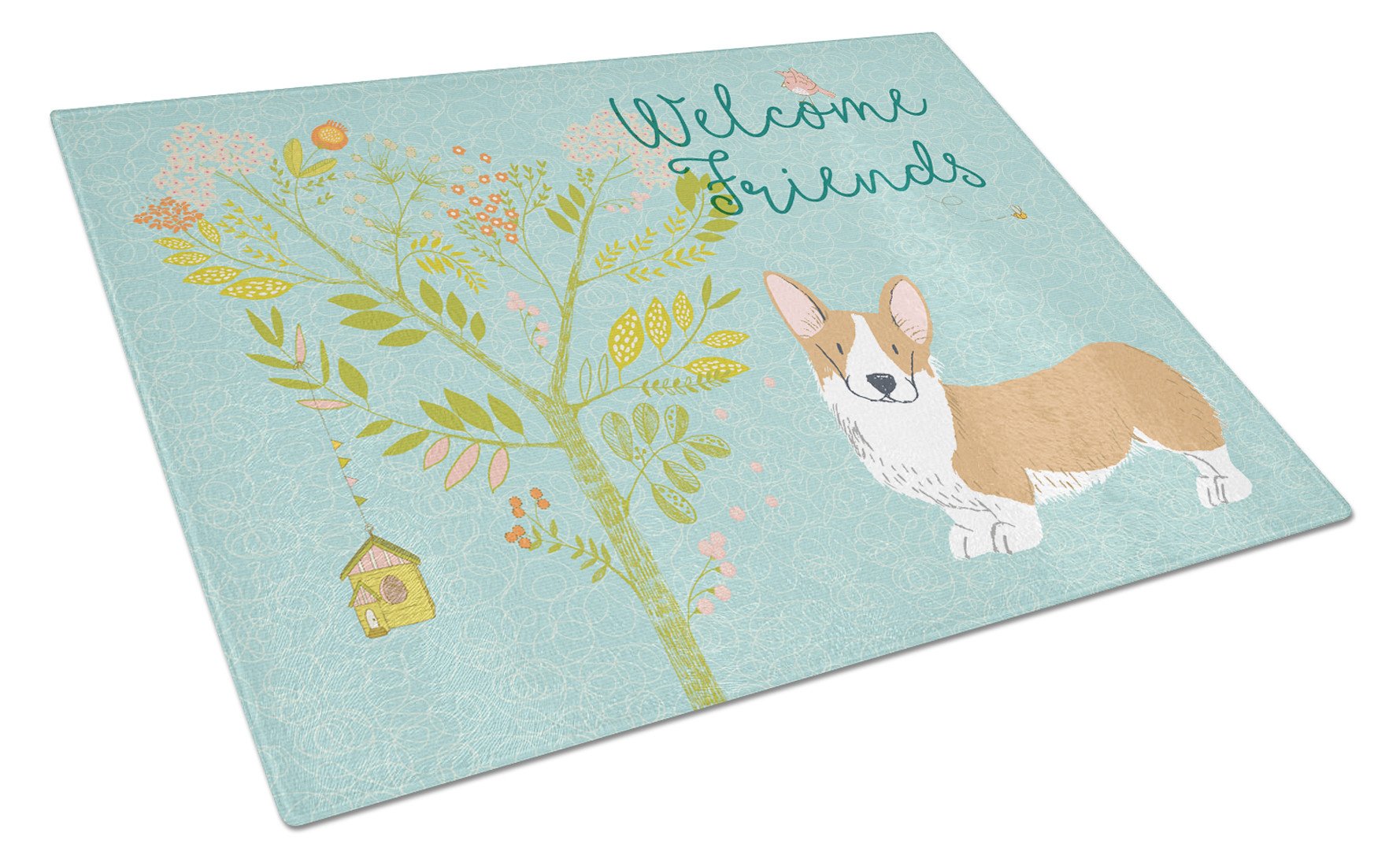 Welcome Friends Pembroke Welsh Corgi Red Glass Cutting Board Large BB7608LCB by Caroline's Treasures