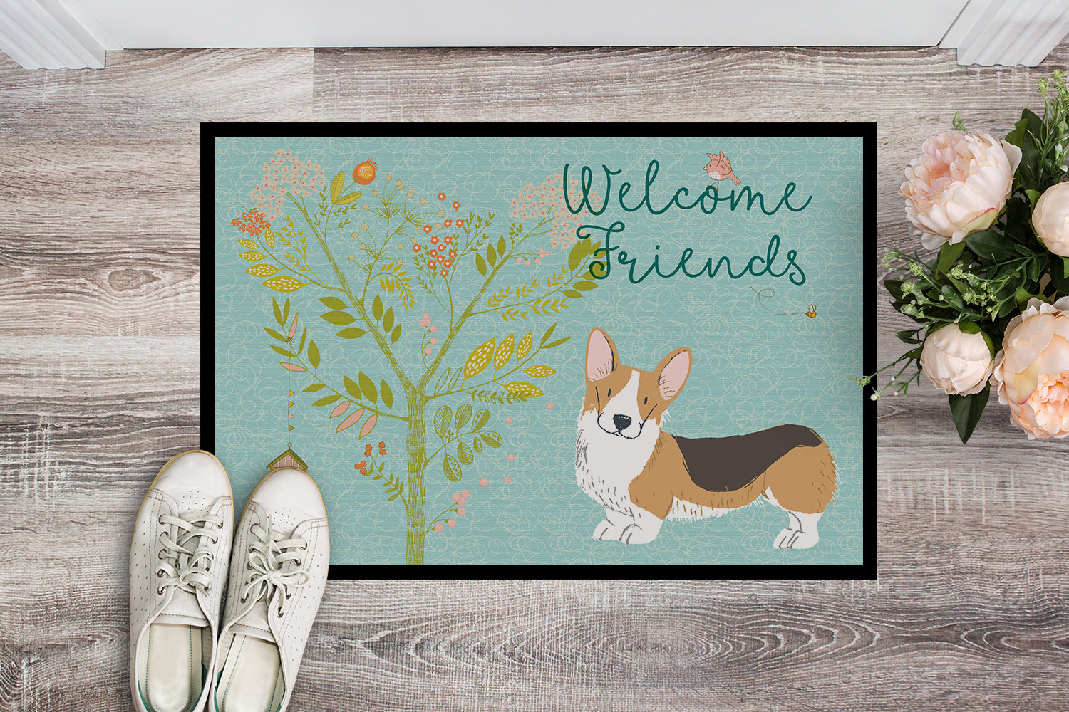 Welcome Friends Pembroke Welsh Corgi Tricolor Indoor or Outdoor Mat 18x27 BB7609MAT - the-store.com