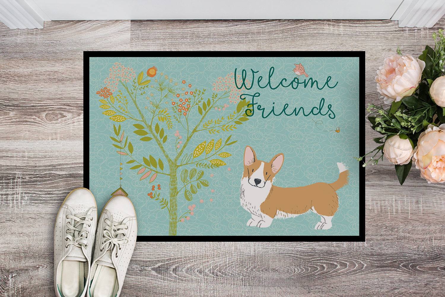 Welcome Friends Cardigan Welsh Corgi Tricolor Indoor or Outdoor Mat 18x27 BB7611MAT - the-store.com