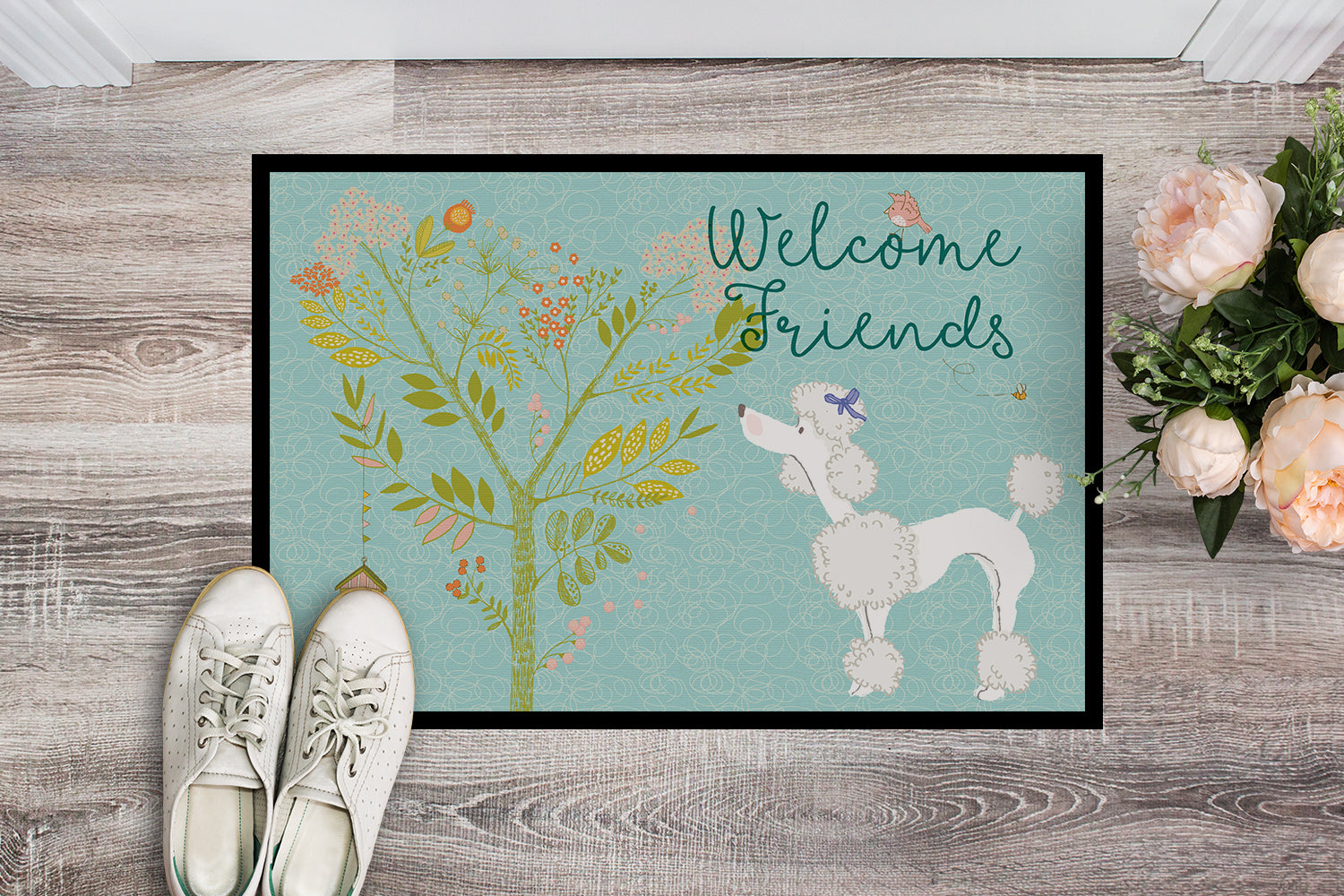 Welcome Friends White Poodle Indoor or Outdoor Mat 18x27 BB7614MAT - the-store.com