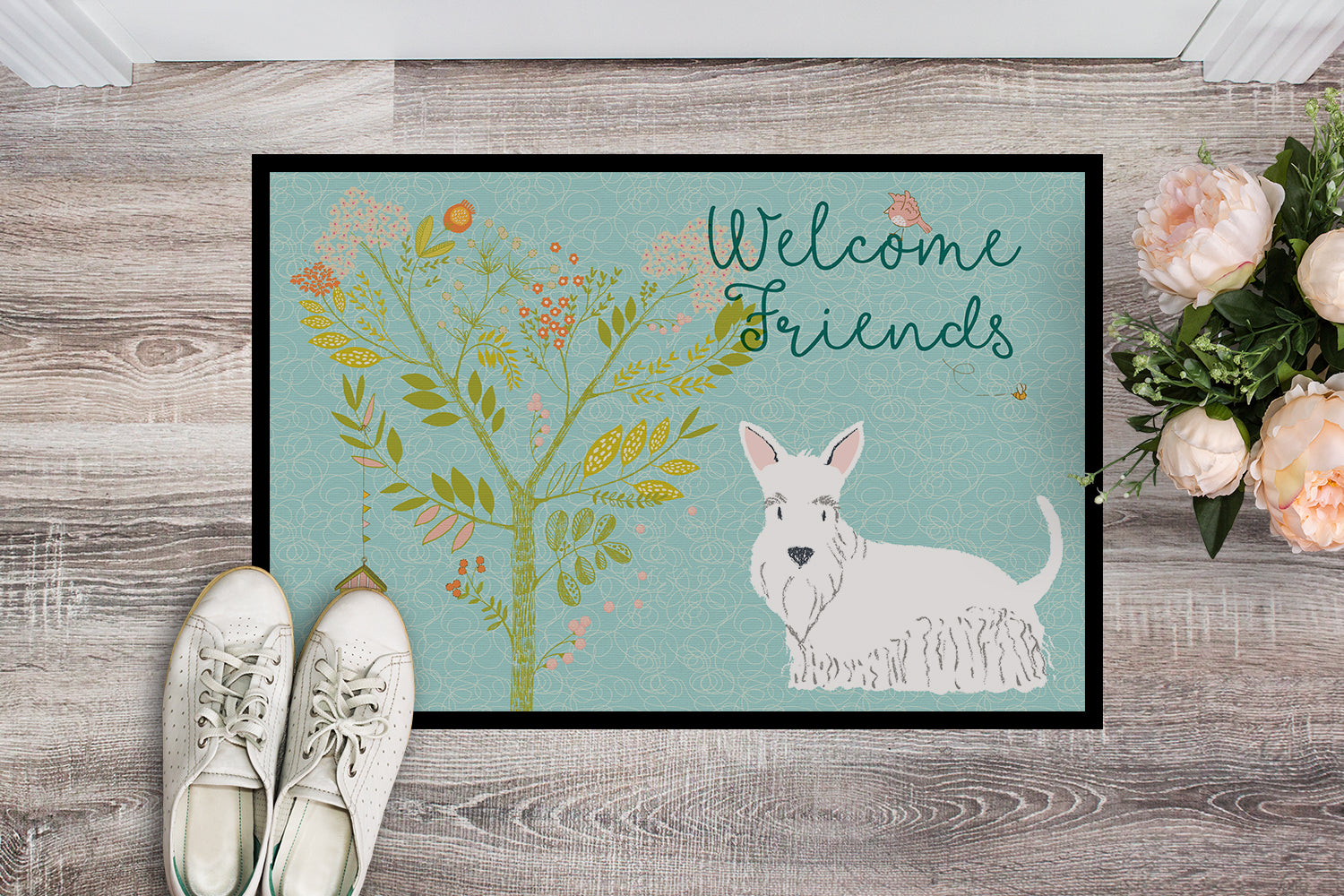 Welcome Friends White Scottish Terrier Indoor or Outdoor Mat 18x27 BB7617MAT - the-store.com