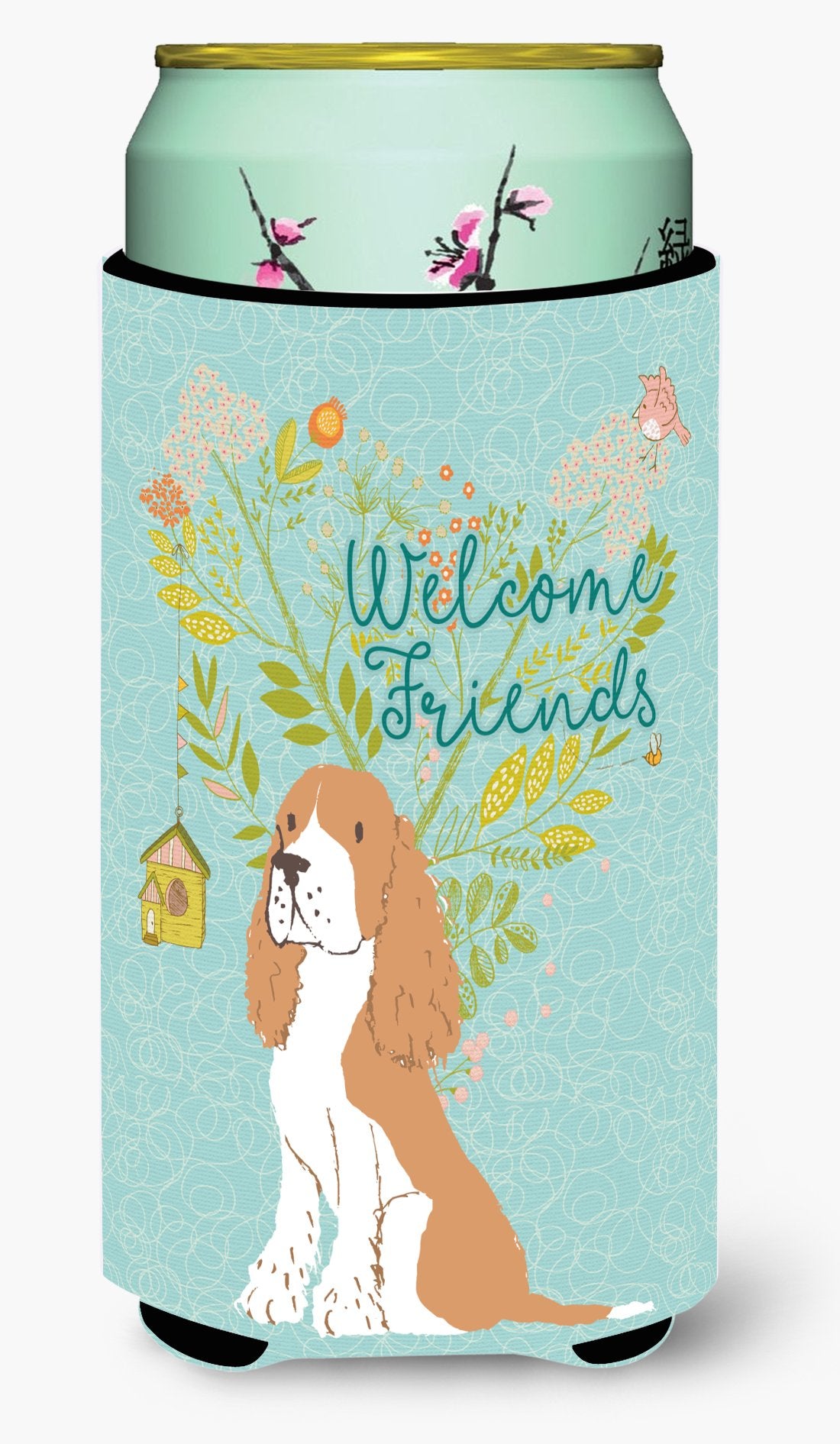 Welcome Friends Gold Springer Spaniel Tall Boy Beverage Insulator Hugger BB7620TBC by Caroline's Treasures