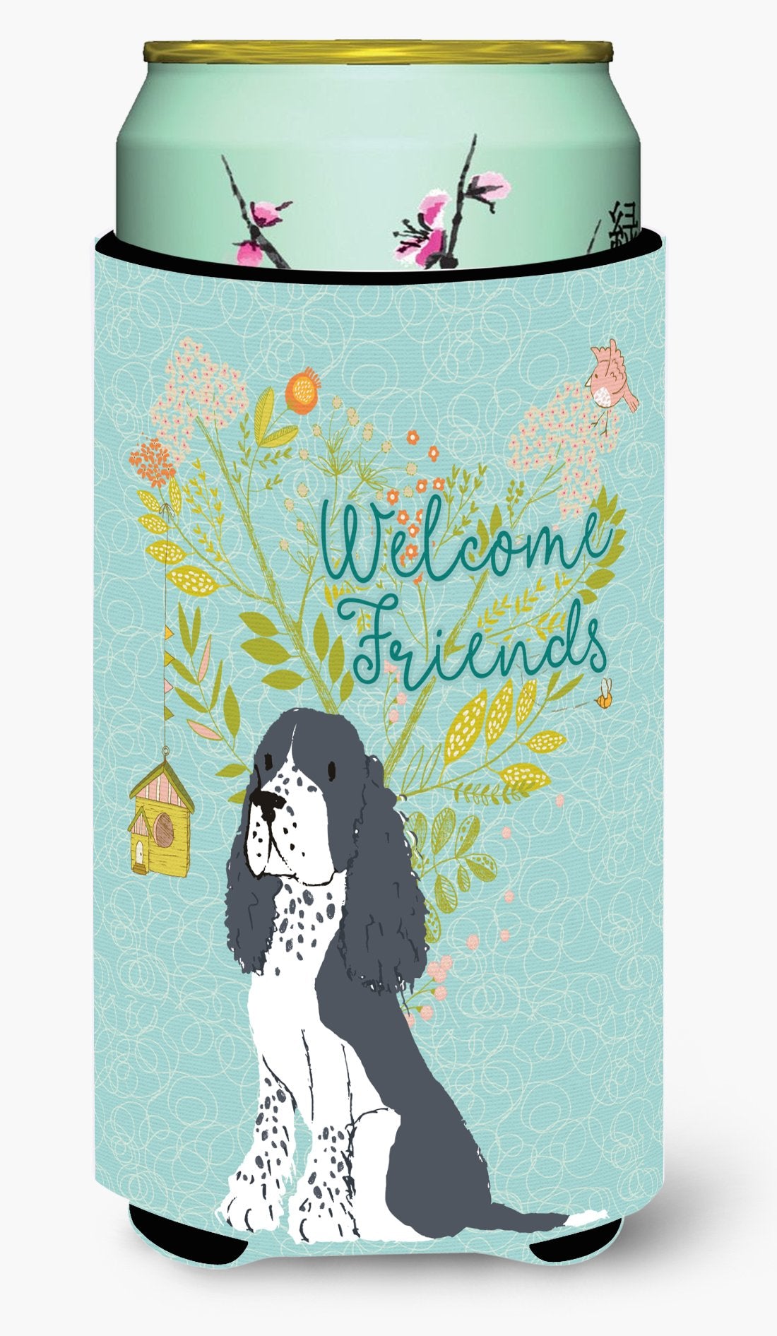 Welcome Friends Black Springer Spaniel Tall Boy Beverage Insulator Hugger BB7621TBC by Caroline's Treasures