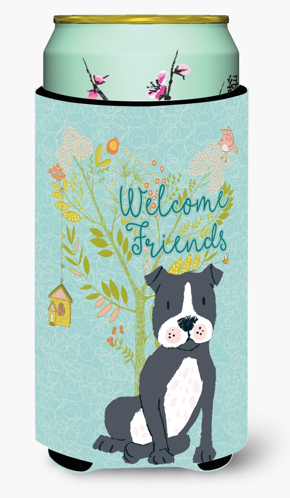 Welcome Friends Black Staffie Tall Boy Beverage Insulator Hugger BB7623TBC by Caroline's Treasures