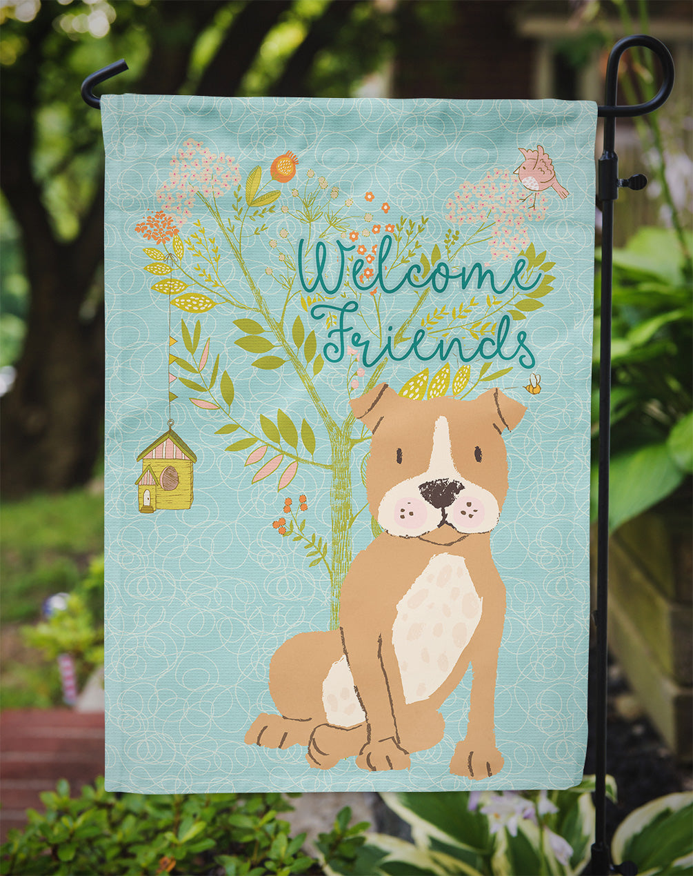 Welcome Friends Brown Staffie Flag Garden Size BB7624GF  the-store.com.