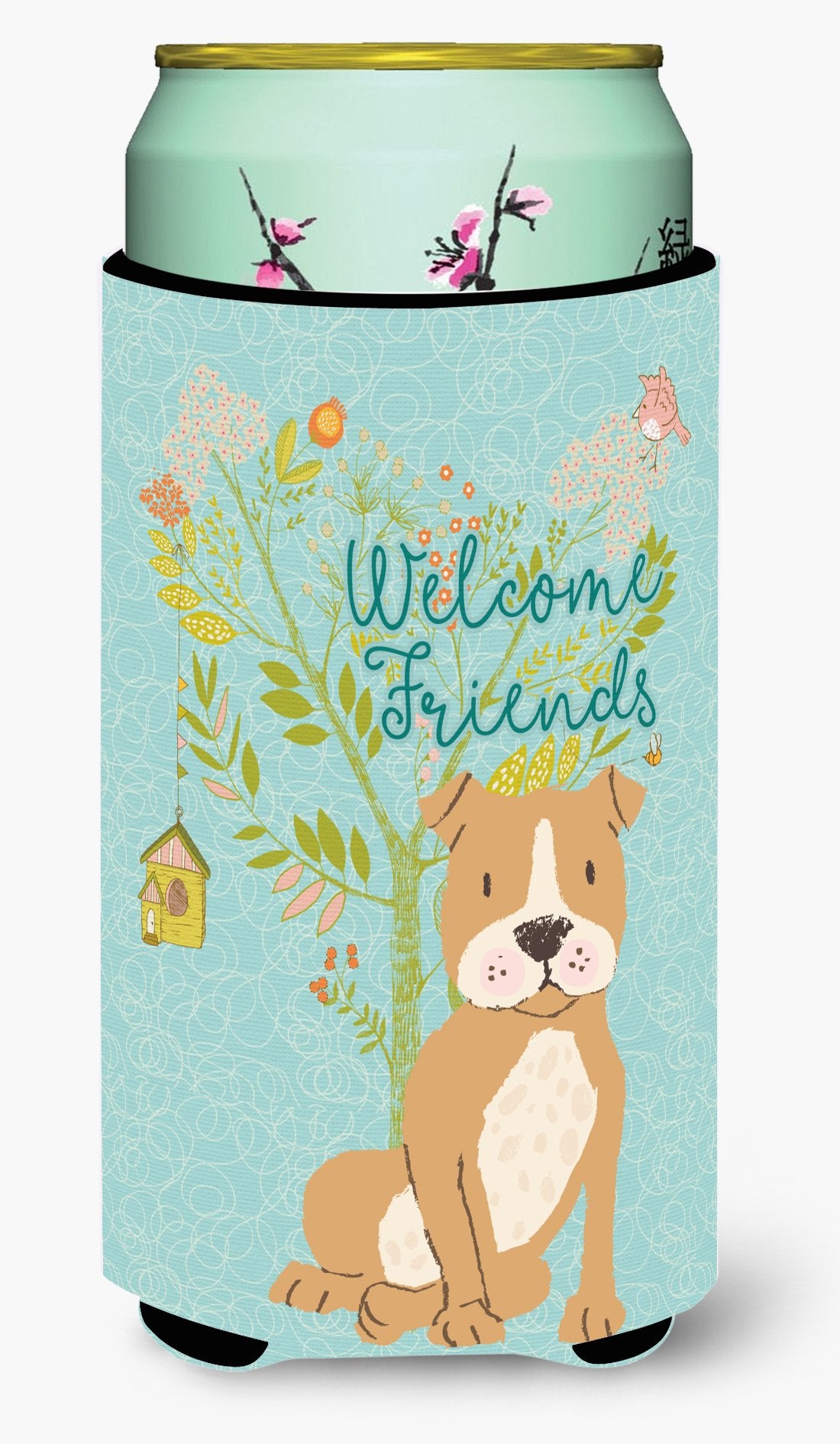 Welcome Friends Brown Staffie Tall Boy Beverage Insulator Hugger BB7624TBC by Caroline's Treasures