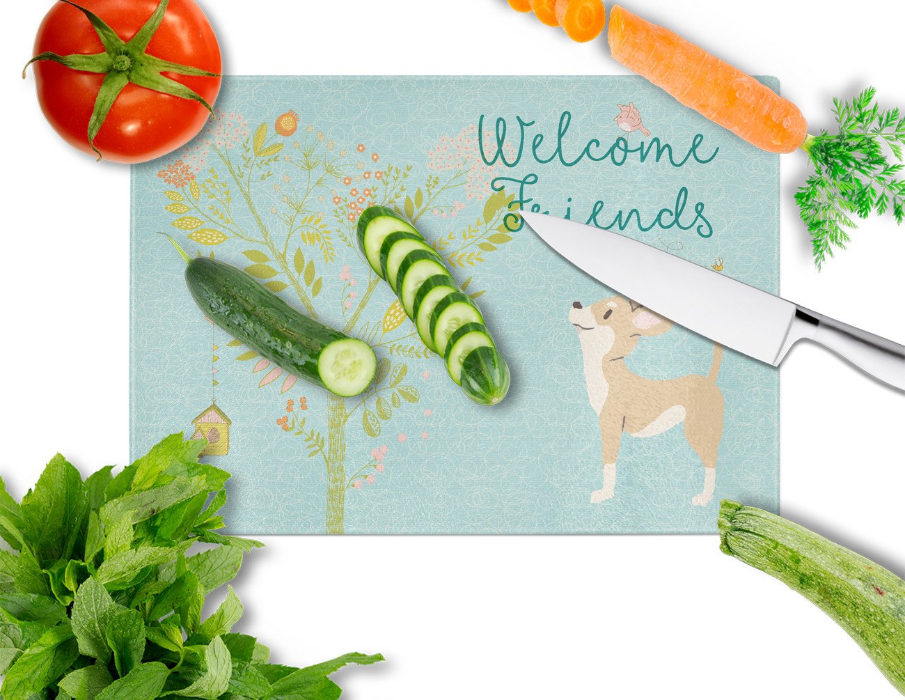 Welcome Friends Brown White Chihuahua Glass Cutting Board Large BB7628LCB by Caroline's Treasures