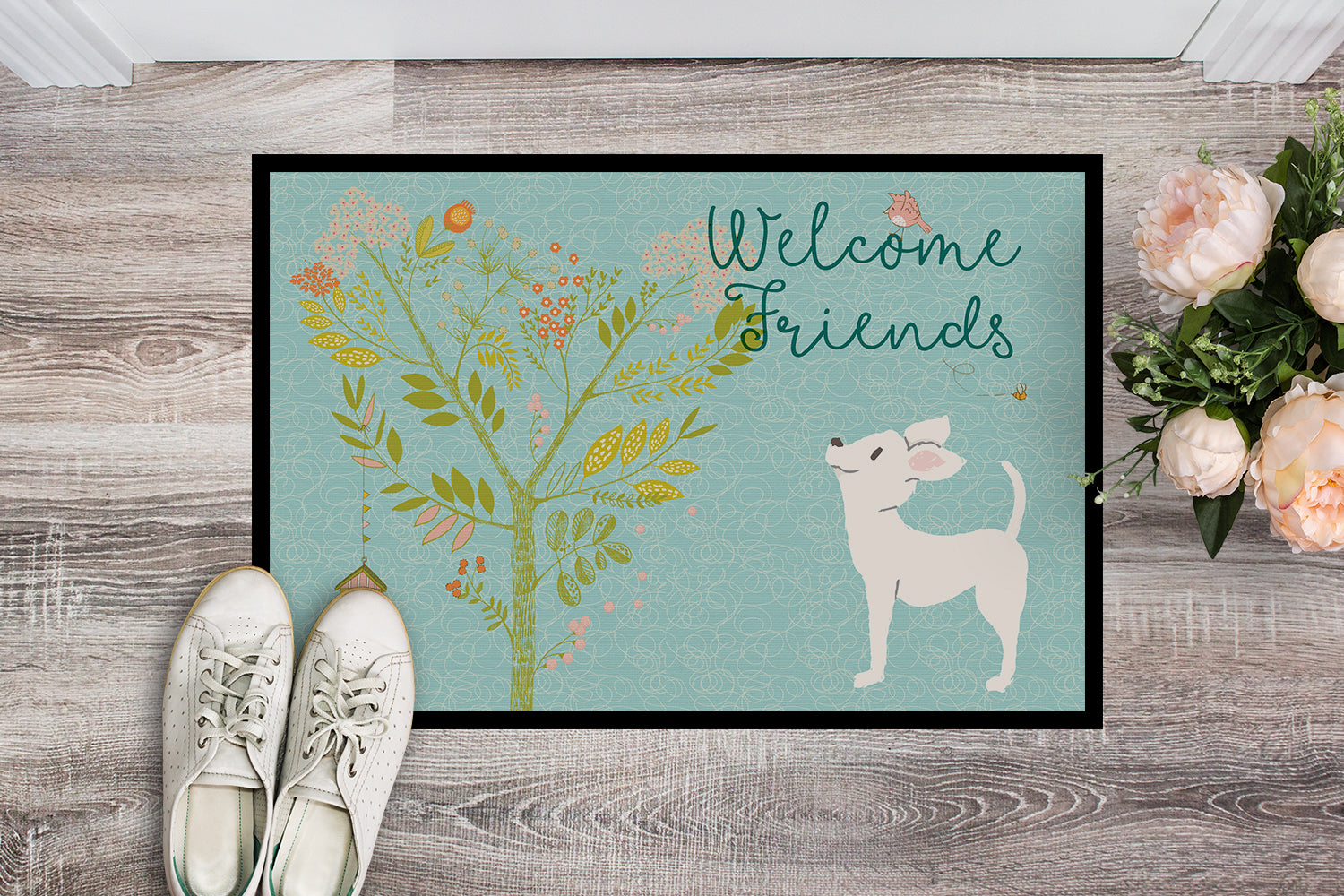 Welcome Friends White Chihuahua Indoor or Outdoor Mat 18x27 BB7629MAT - the-store.com