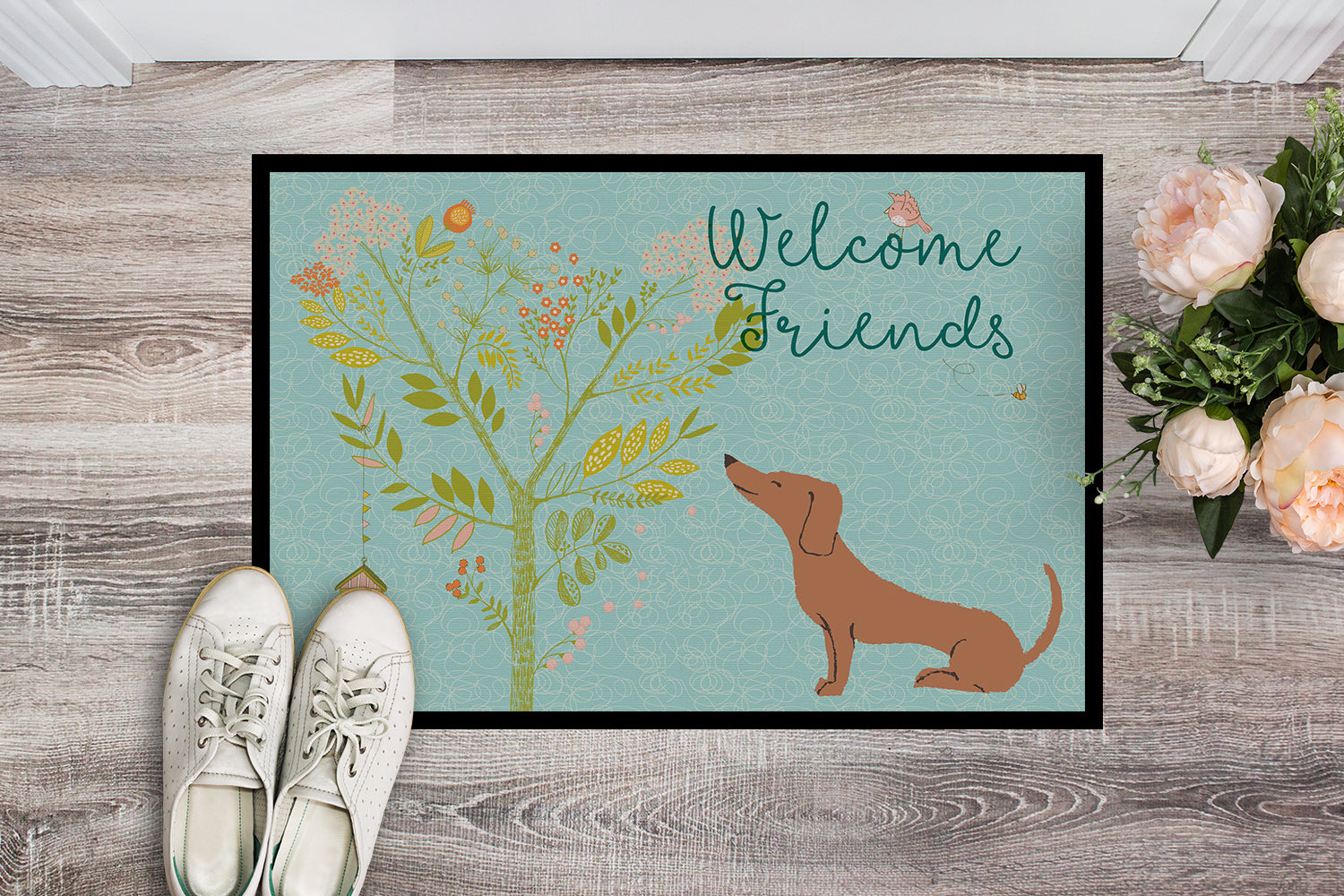 Welcome Friends Red Dachshund Indoor or Outdoor Mat 18x27 BB7631MAT - the-store.com