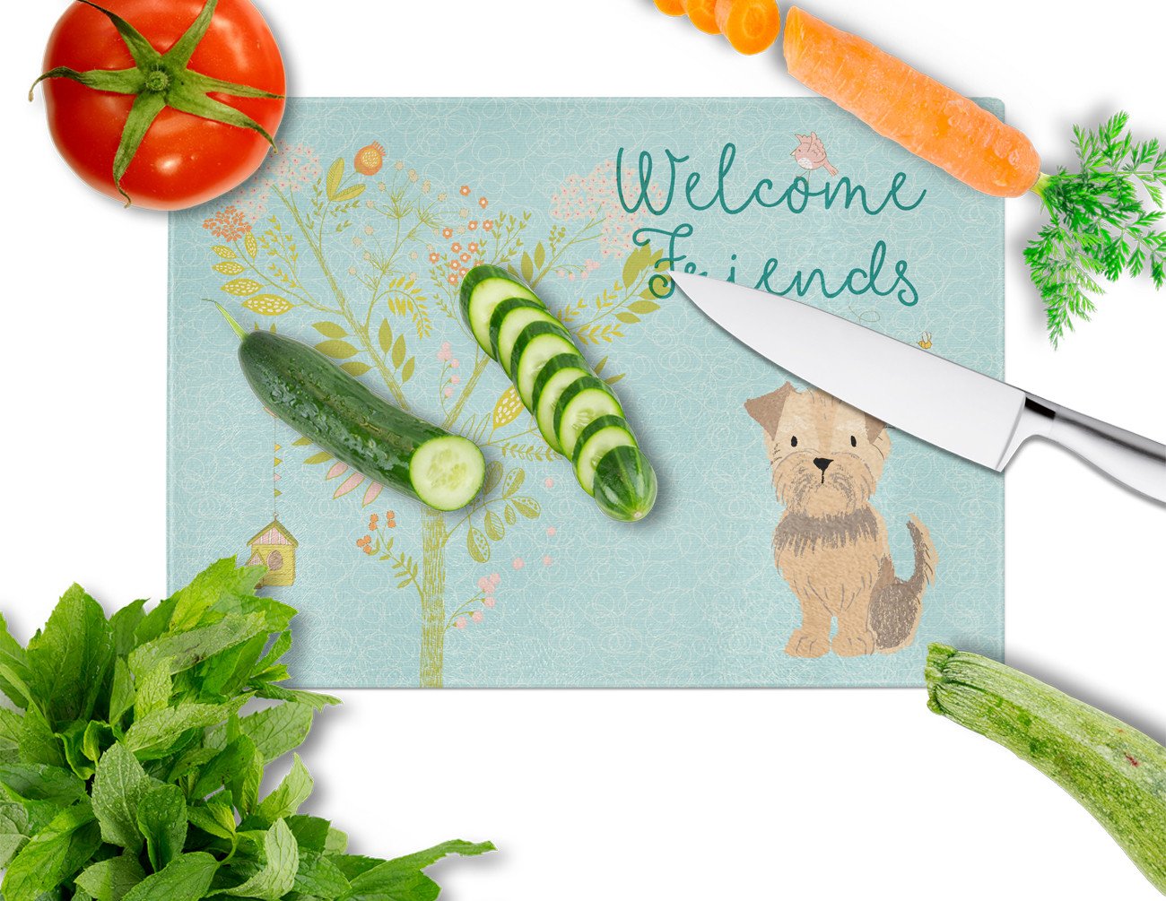 Welcome Friends Yorkie Natural Ears Glass Cutting Board Large BB7642LCB by Caroline's Treasures