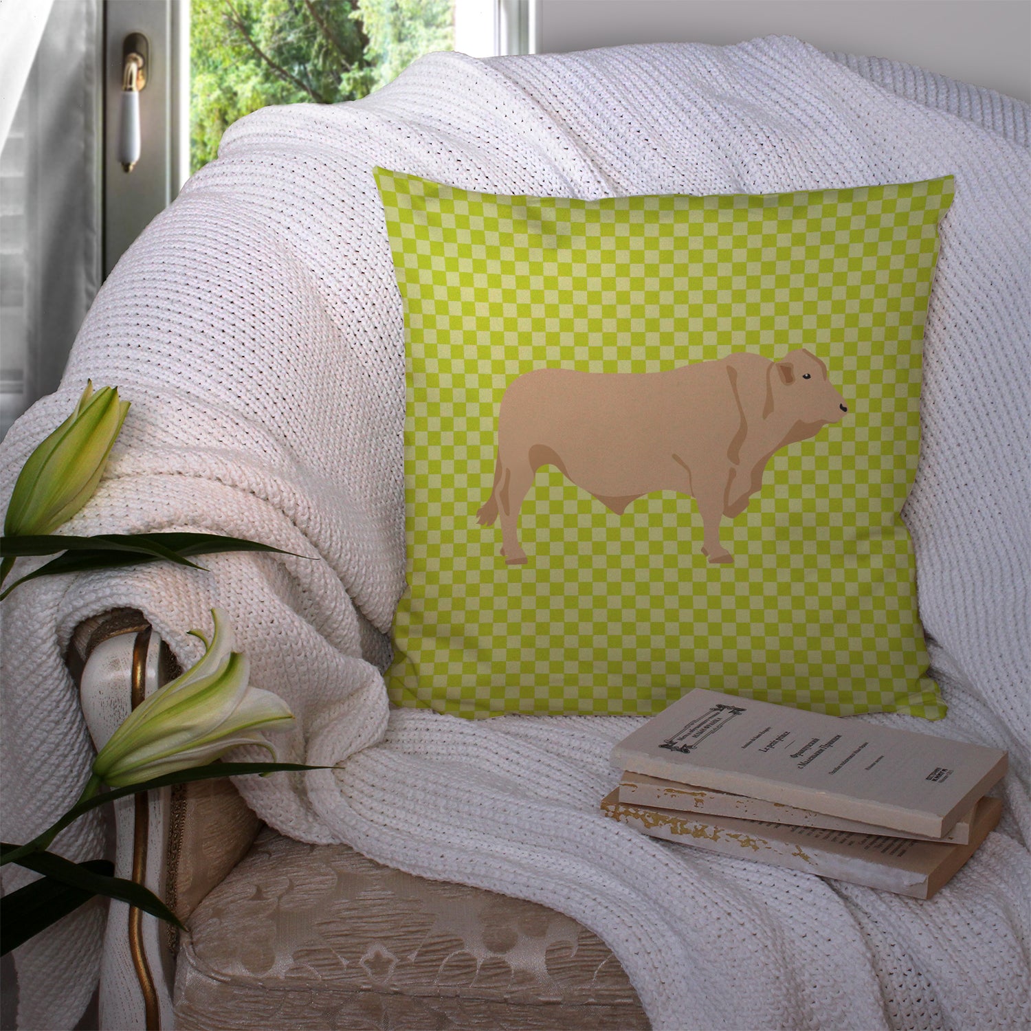 Charolais Cow Green Fabric Decorative Pillow BB7652PW1414 - the-store.com