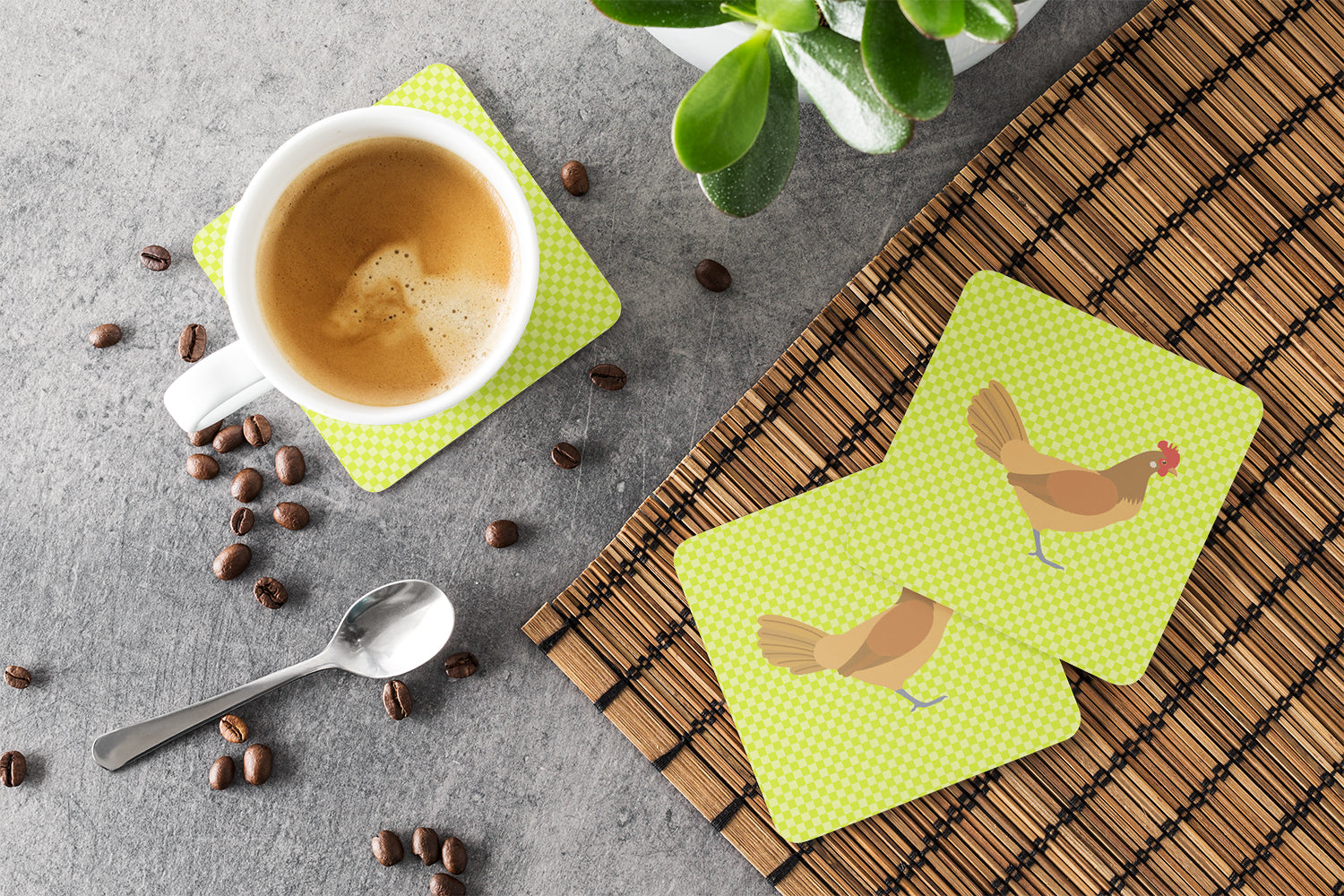 Frisian Friesian Chicken Green Foam Coaster Set of 4 BB7658FC - the-store.com