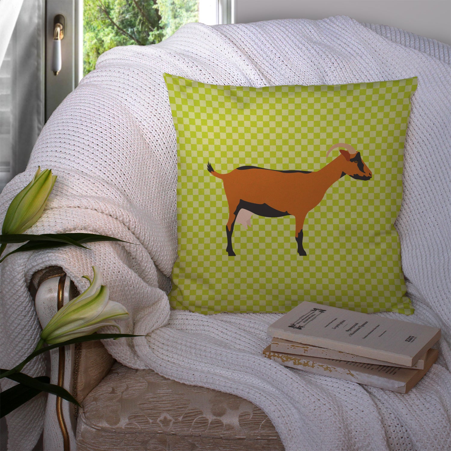 Oberhasli Goat Green Fabric Decorative Pillow BB7714PW1414 - the-store.com