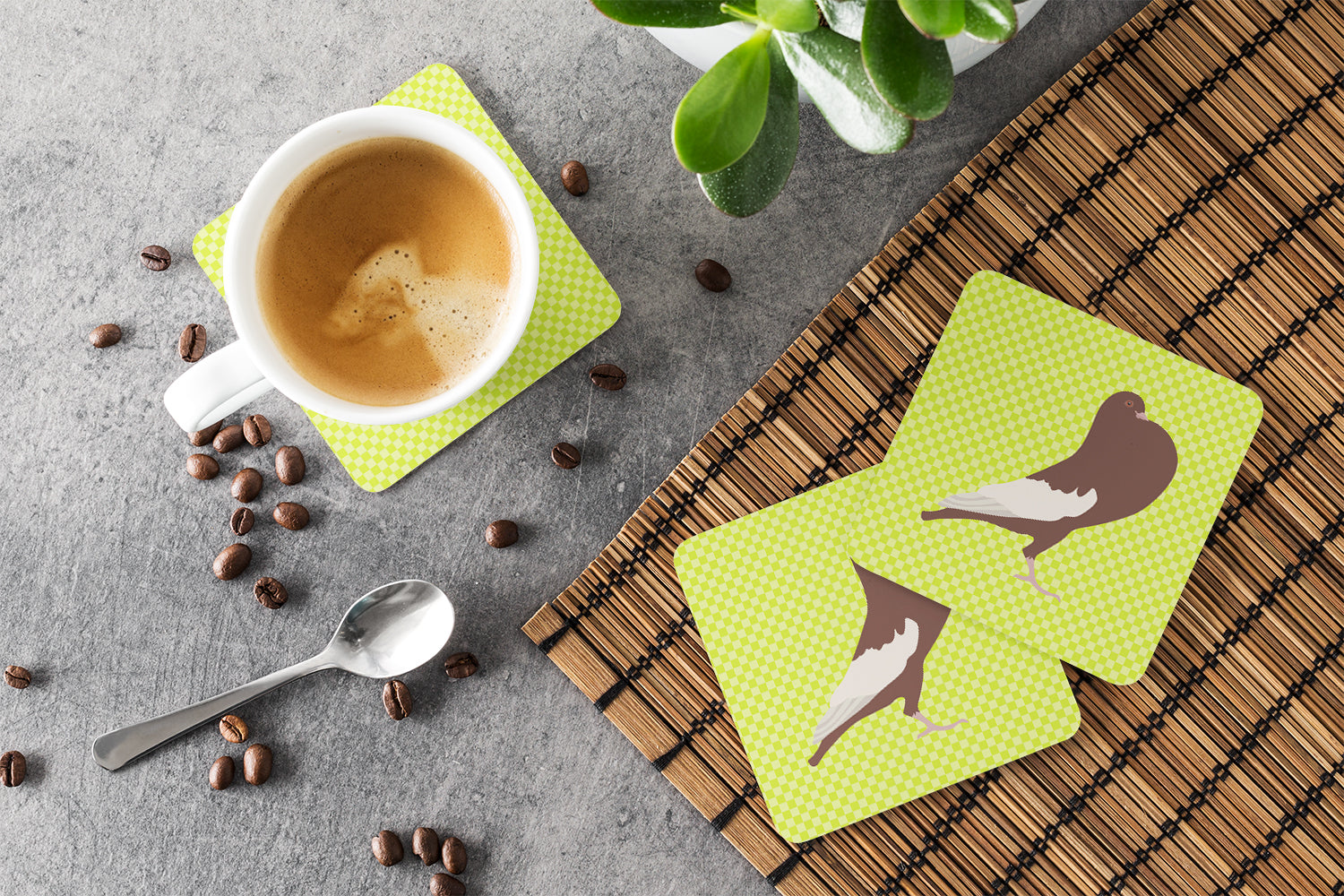 English Pouter Pigeon Green Foam Coaster Set of 4 BB7780FC - the-store.com