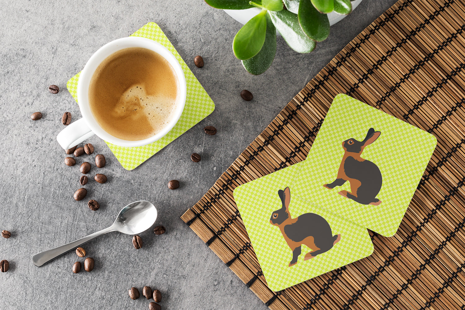 Tan Rabbit Green Foam Coaster Set of 4 BB7789FC - the-store.com