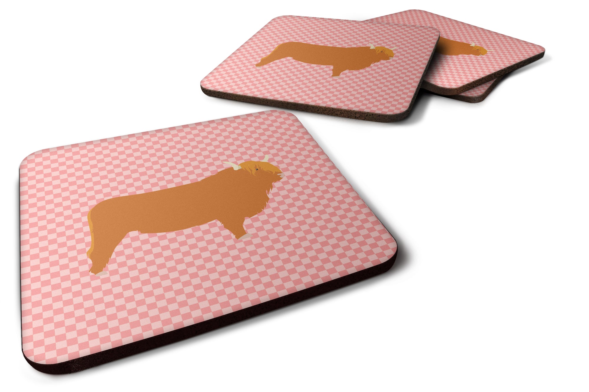 Highland Cow Pink Check Foam Coaster Set of 4 BB7820FC - the-store.com