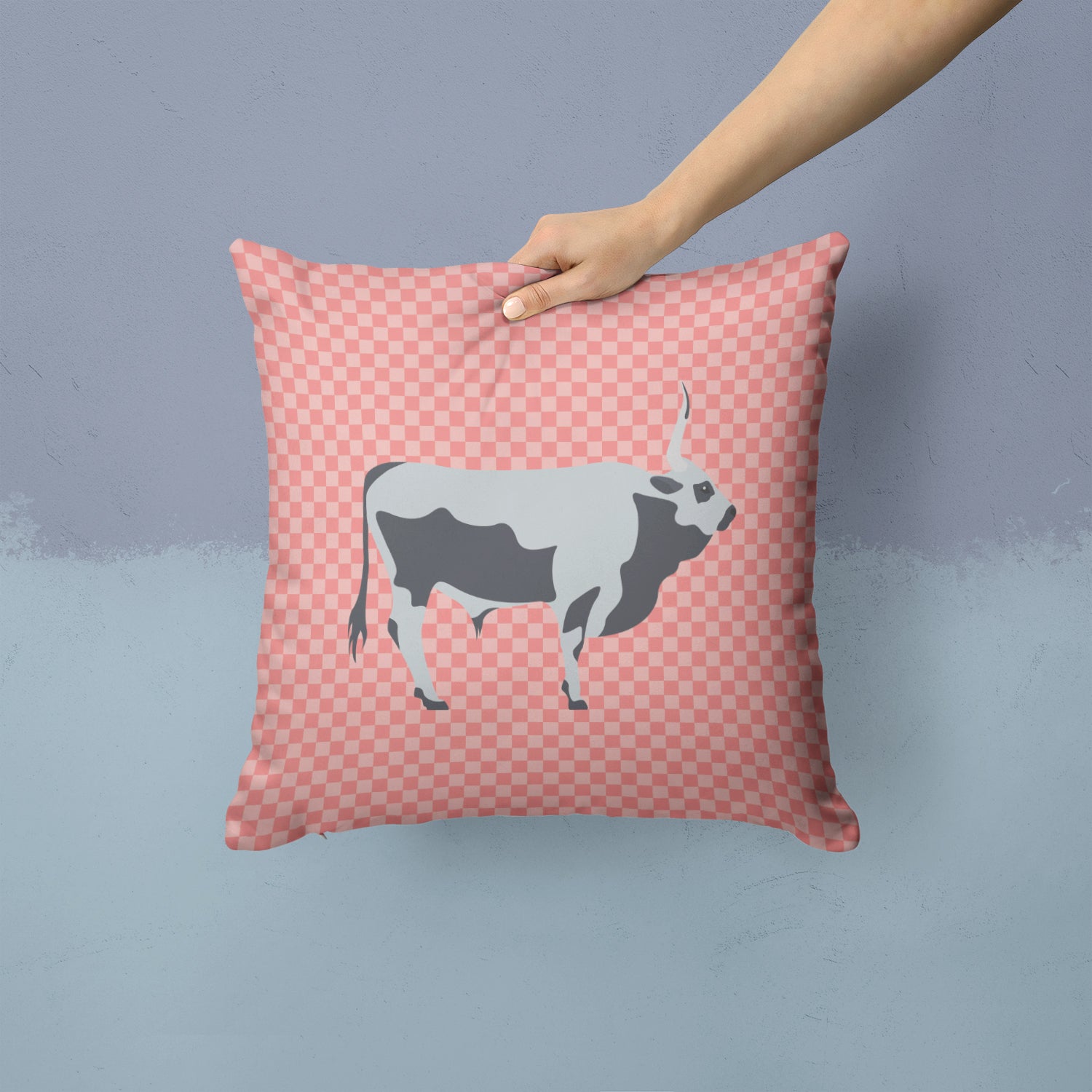 Hungarian Grey Steppe Cow Pink Check Fabric Decorative Pillow BB7824PW1414 - the-store.com