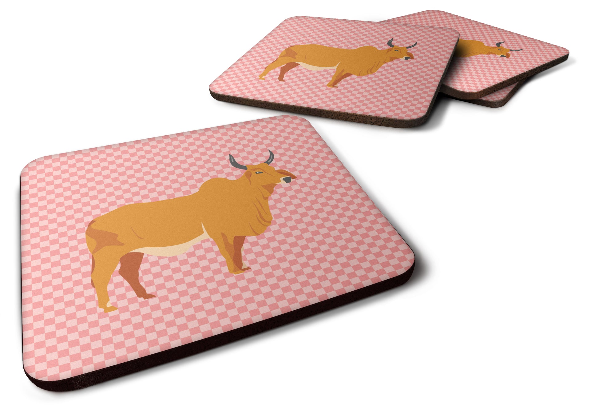 Zebu Indicine Cow Pink Check Foam Coaster Set of 4 BB7825FC - the-store.com