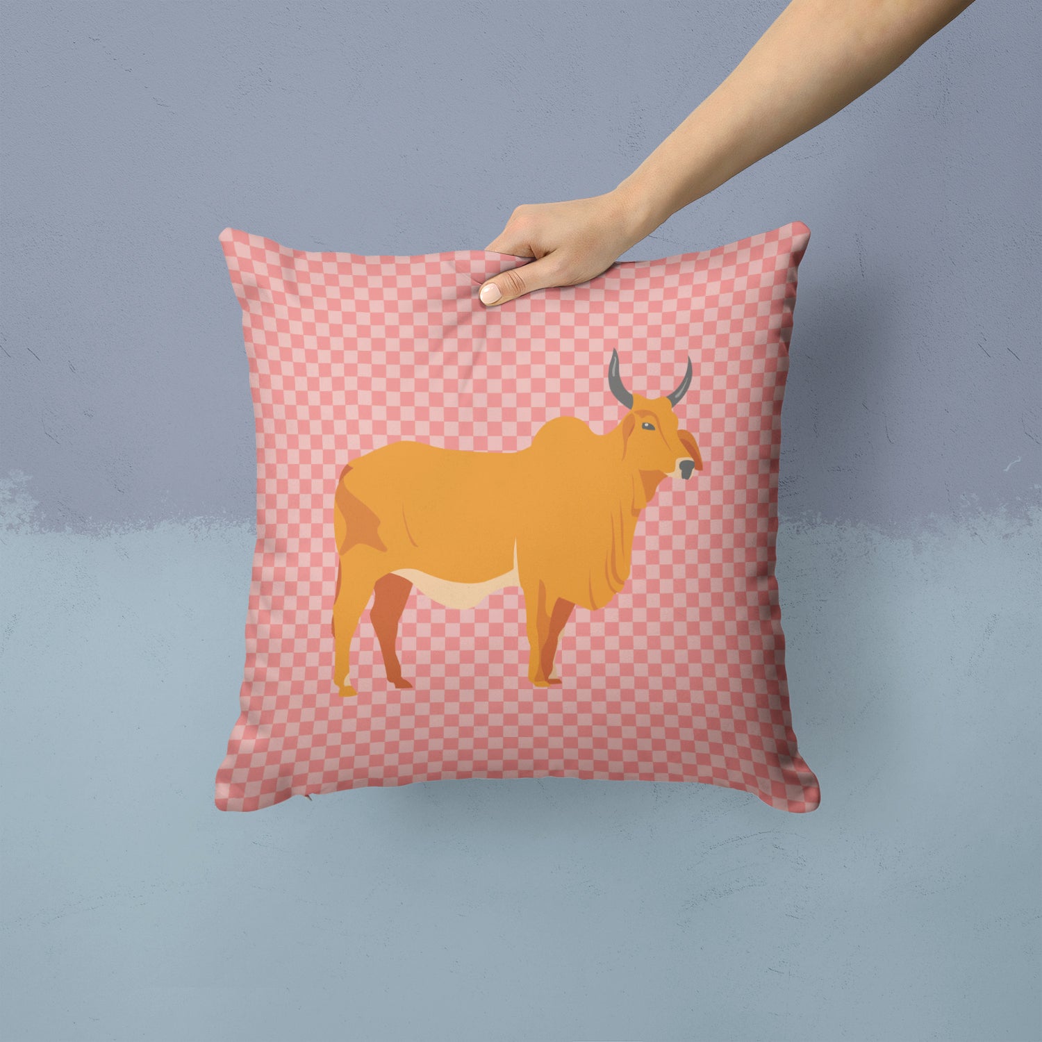 Zebu Indicine Cow Pink Check Fabric Decorative Pillow BB7825PW1414 - the-store.com