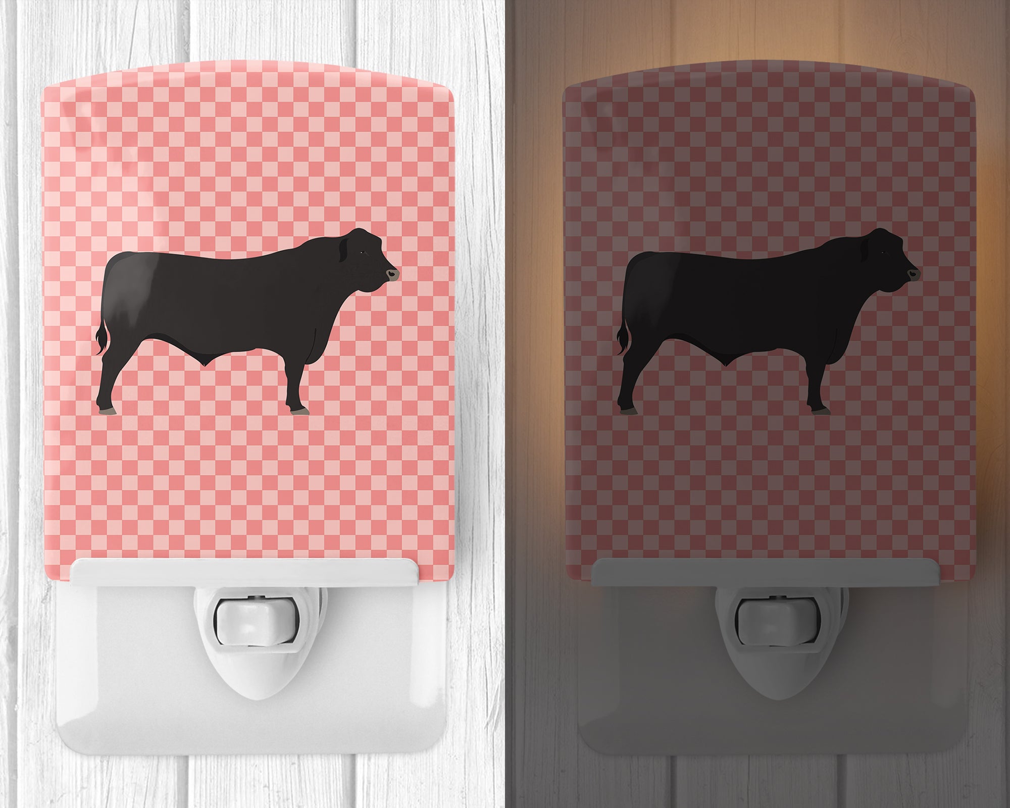 Black Angus Cow Pink Check Ceramic Night Light BB7828CNL - the-store.com