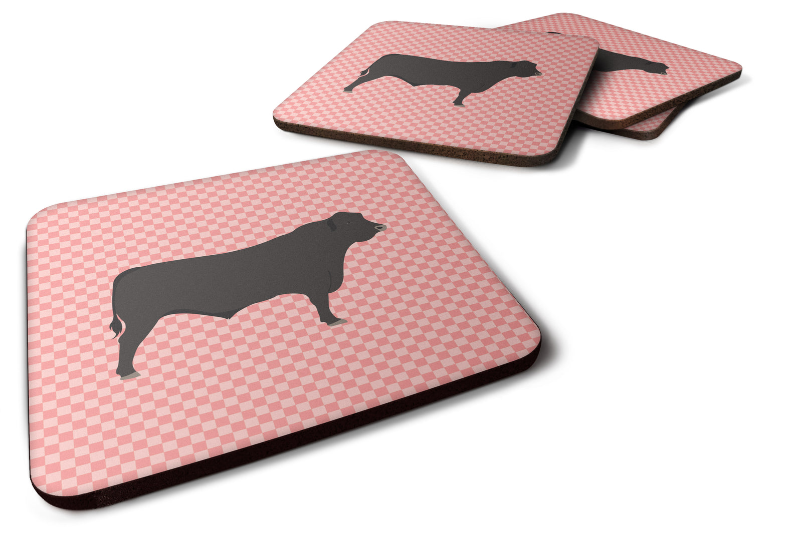 Black Angus Cow Pink Check Foam Coaster Set of 4 BB7828FC - the-store.com