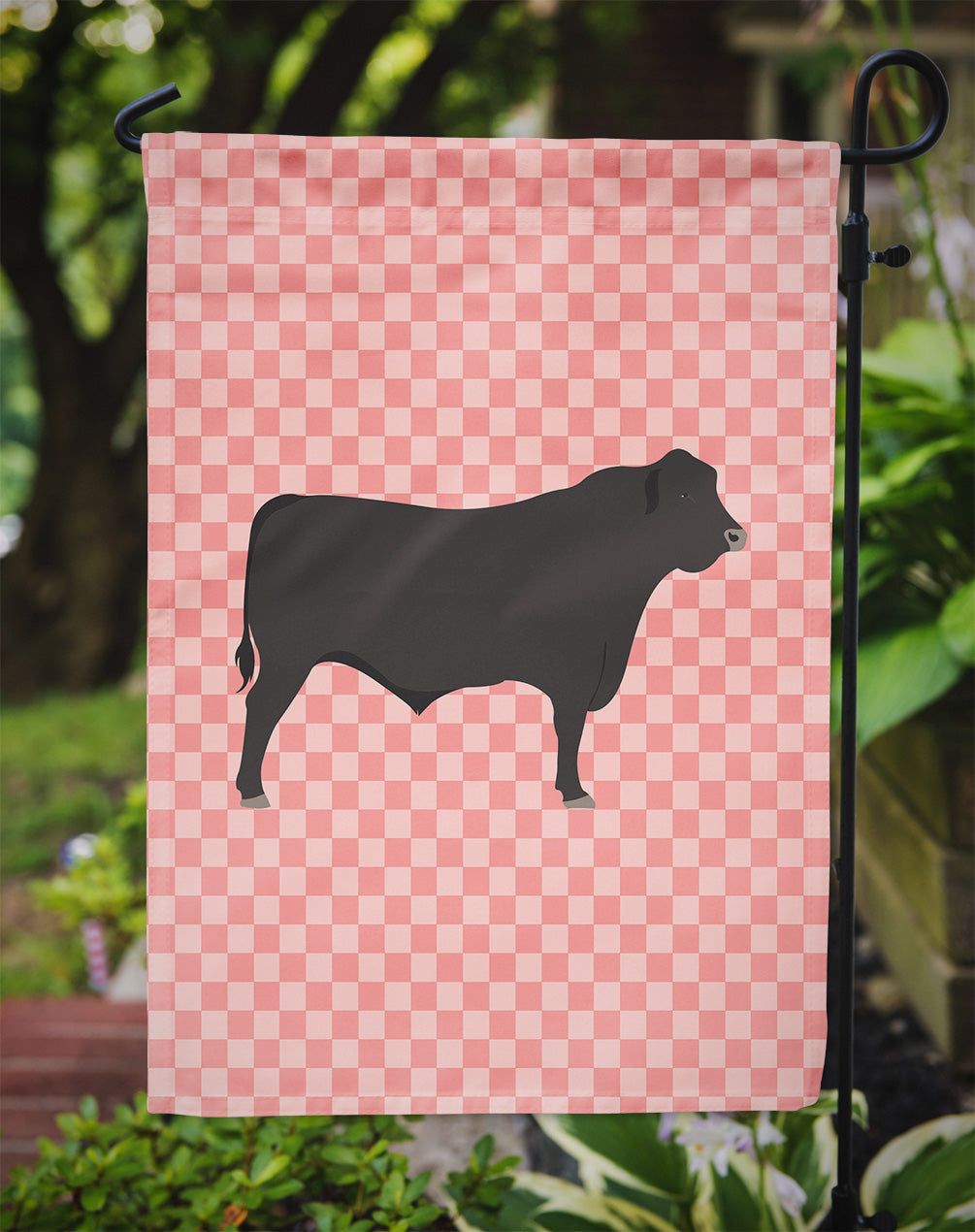 Black Angus Cow Pink Check Flag Garden Size  the-store.com.
