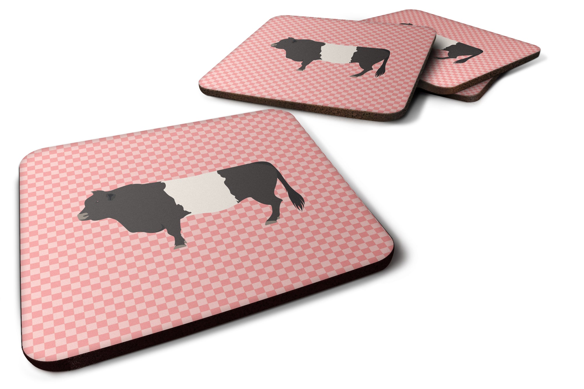 Belted Galloway Cow Pink Check Foam Coaster Set of 4 BB7831FC - the-store.com