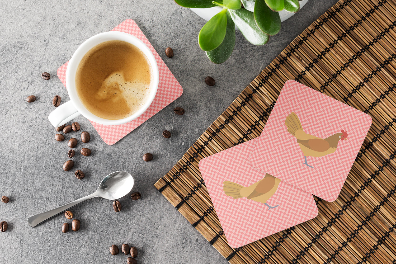 Frisian Friesian Chicken Pink Check Foam Coaster Set of 4 BB7832FC - the-store.com