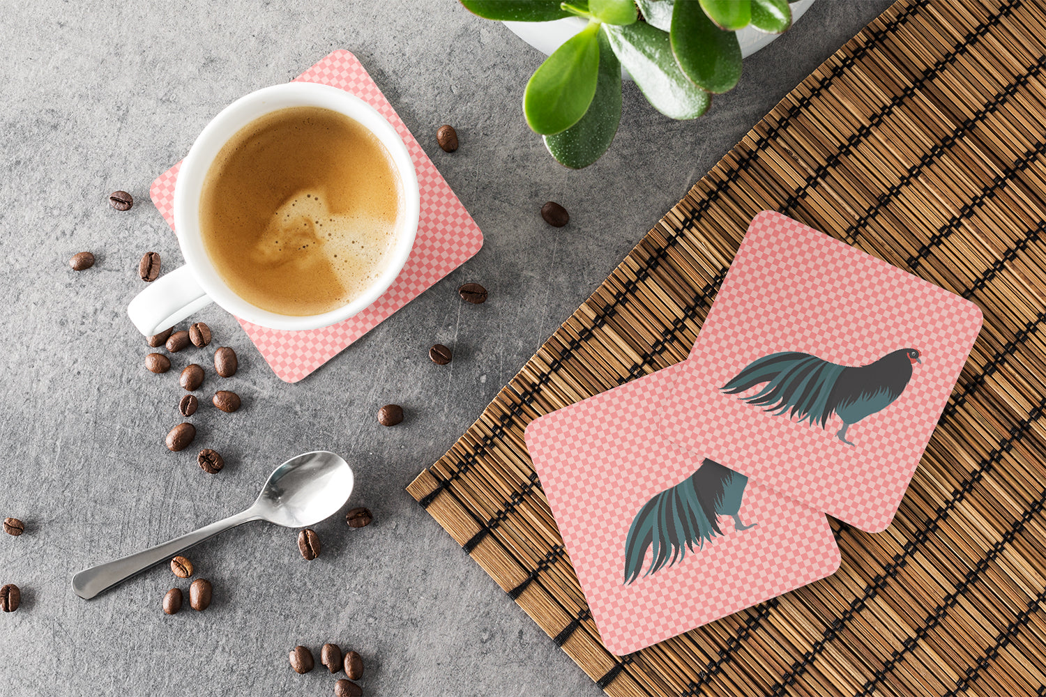 Sumatra Chicken Pink Check Foam Coaster Set of 4 BB7833FC - the-store.com