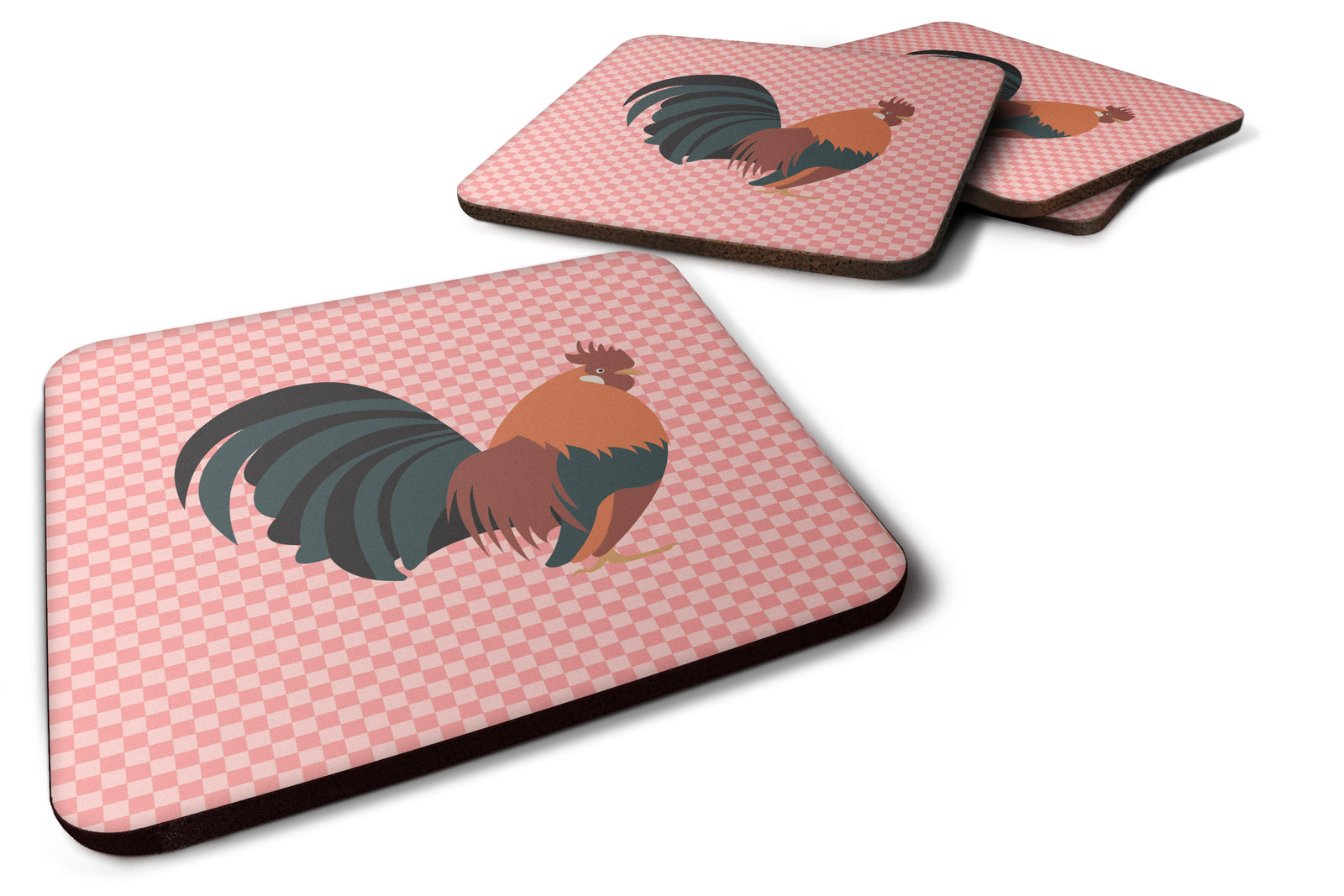 Dutch Bantam Chicken Pink Check Foam Coaster Set of 4 BB7836FC - the-store.com