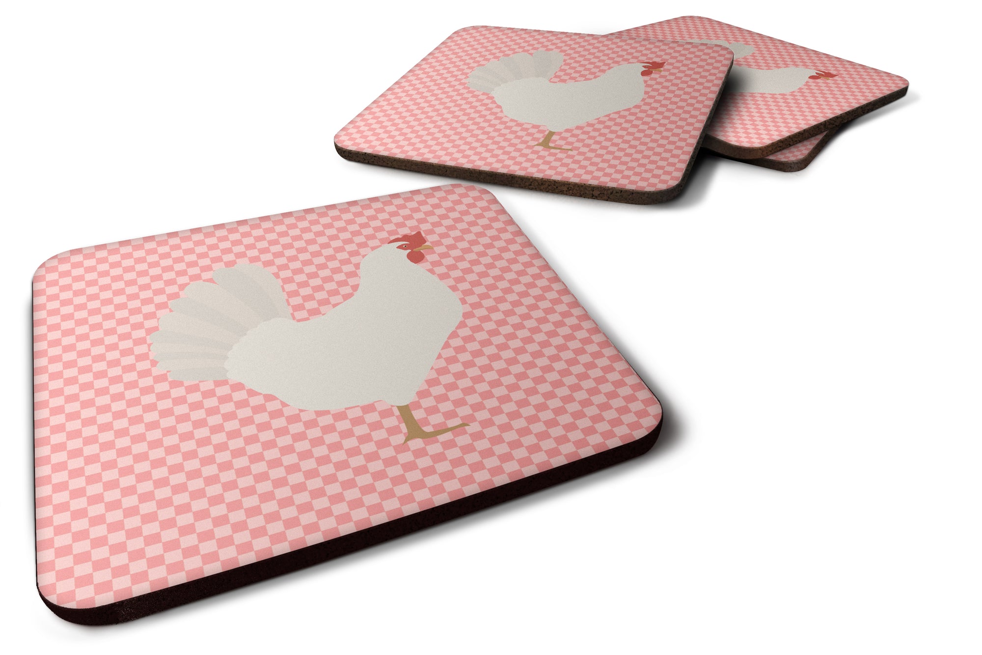 Leghorn Chicken Pink Check Foam Coaster Set of 4 BB7840FC - the-store.com