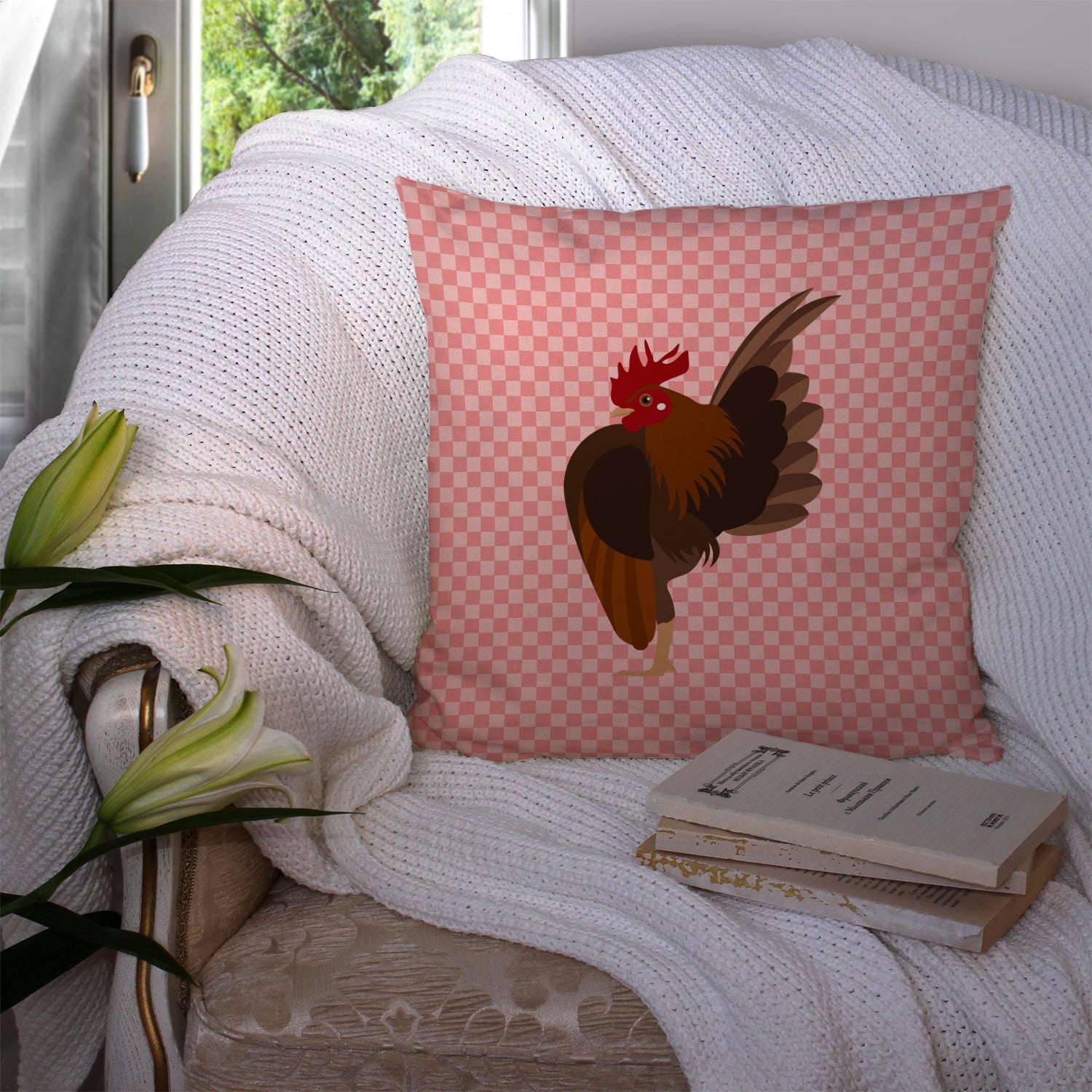 Malaysian Serama Chicken Pink Check Fabric Decorative Pillow BB7842PW1414 - the-store.com