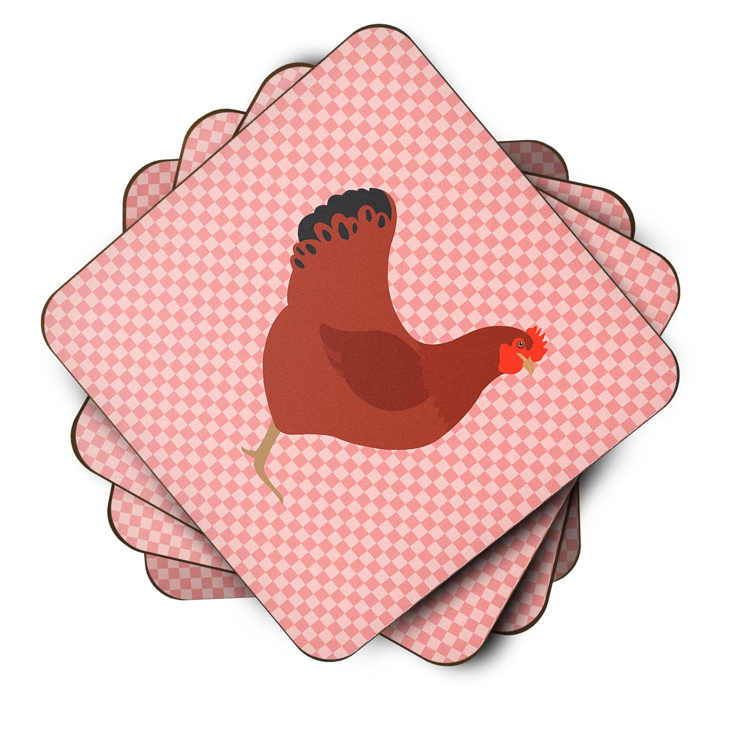 New Hampshire Red Chicken Pink Check Foam Coaster Set of 4 BB7843FC - the-store.com