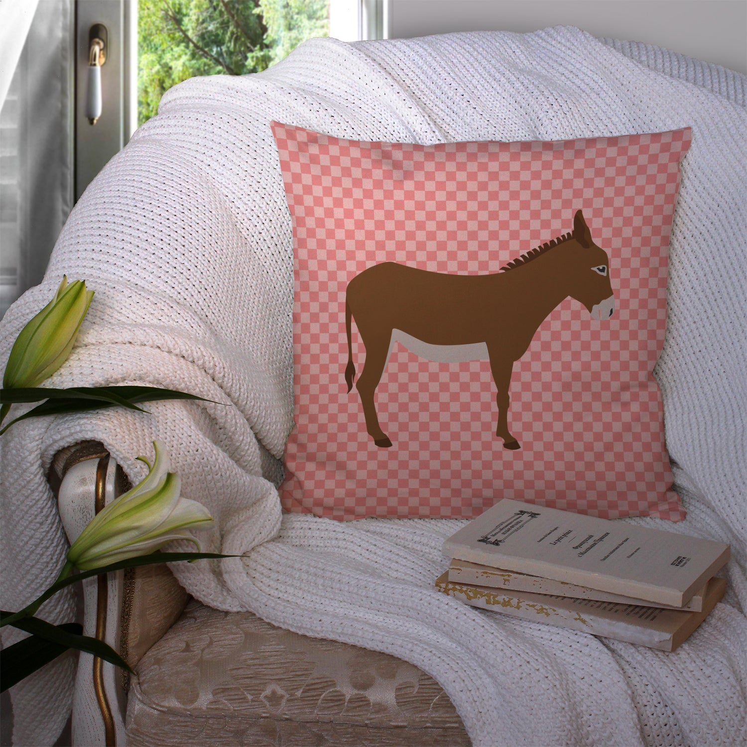 Cotentin Donkey Pink Check Fabric Decorative Pillow BB7849PW1414 - the-store.com