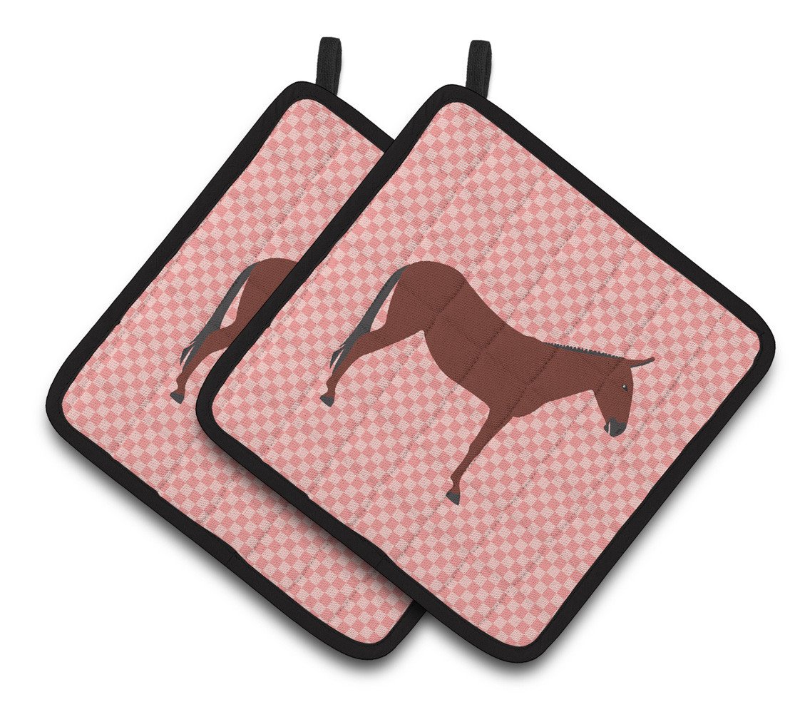 Hinny Horse Donkey Pink Check Pair of Pot Holders BB7850PTHD by Caroline's Treasures