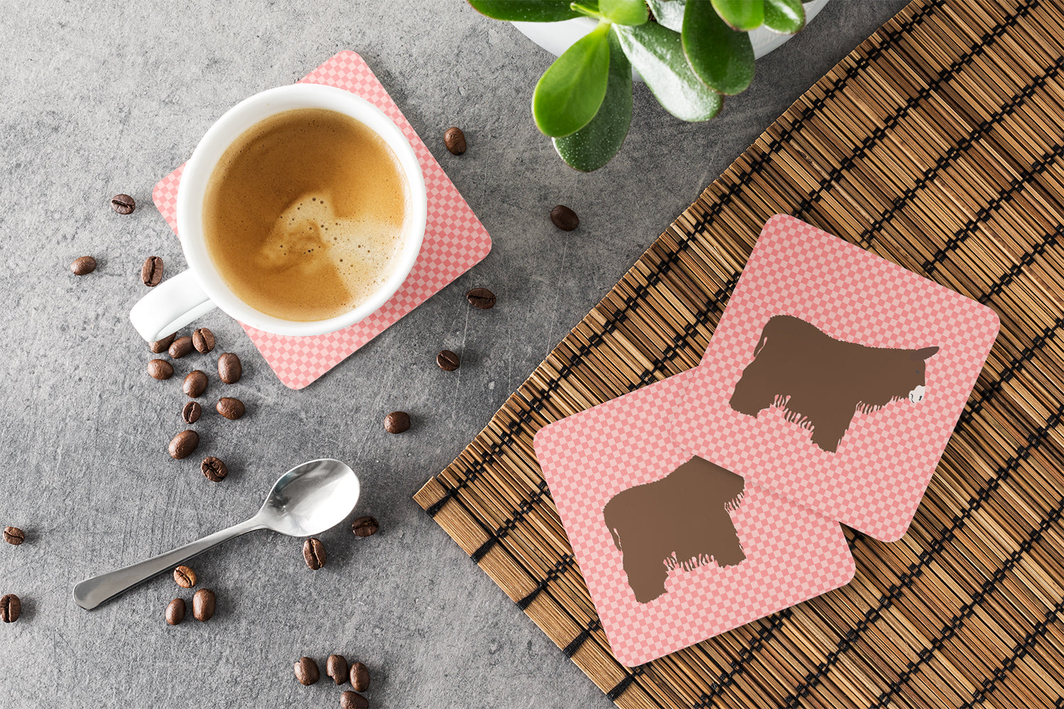 Poitou Poiteuin Donkey Pink Check Foam Coaster Set of 4 BB7852FC - the-store.com