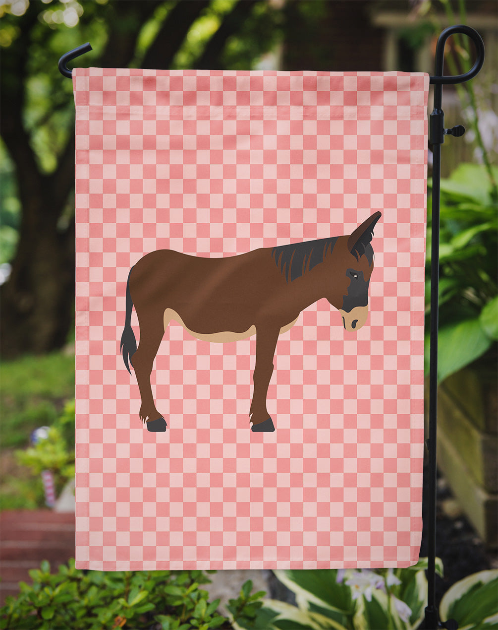 Zamorano-Leones Donkey Pink Check Flag Garden Size  the-store.com.