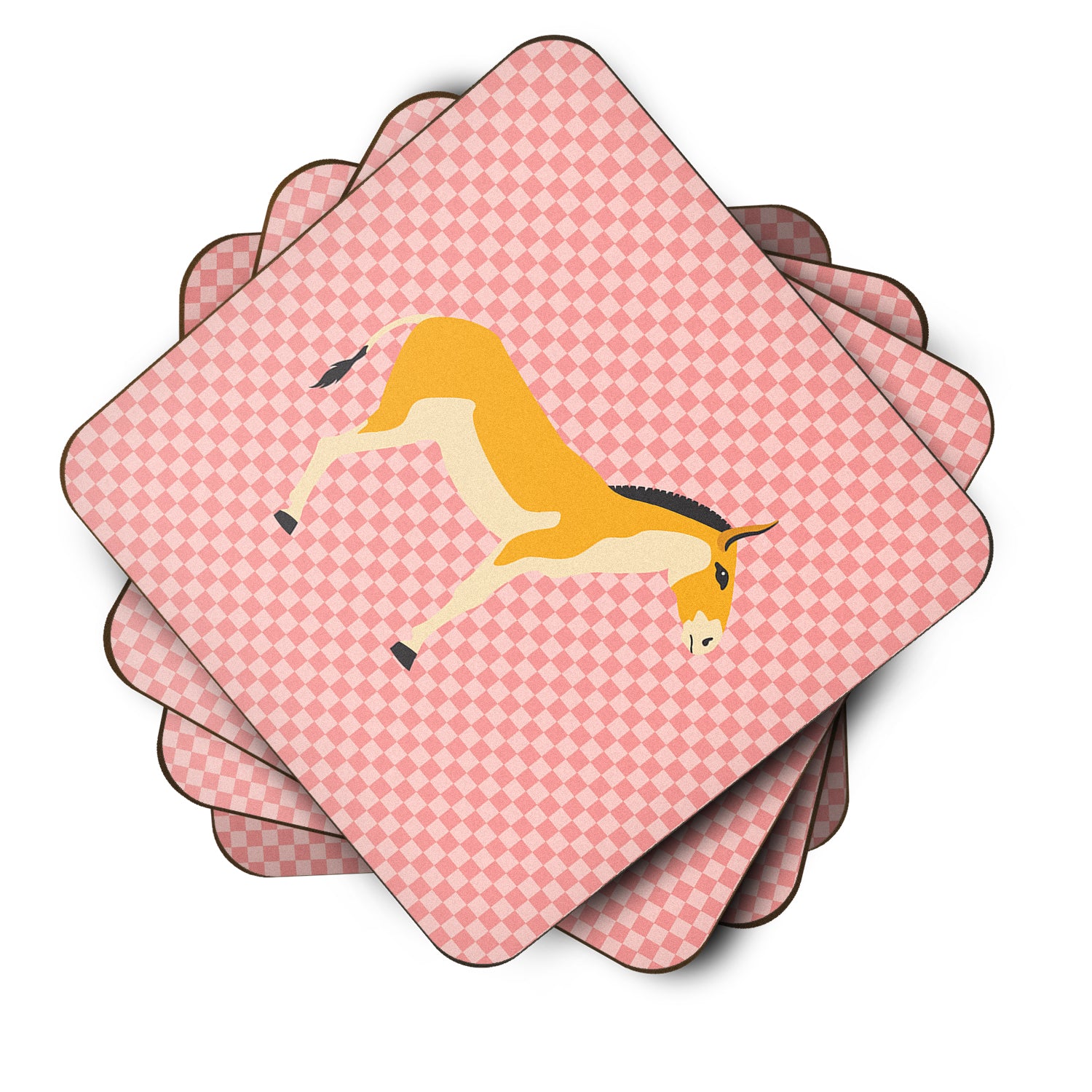 Turkmenian Kulan Donkey Pink Check Foam Coaster Set of 4 BB7854FC - the-store.com