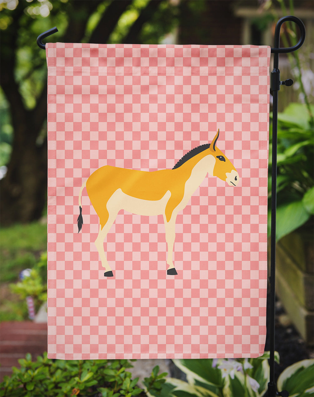 Turkmenian Kulan Donkey Pink Check Flag Garden Size  the-store.com.