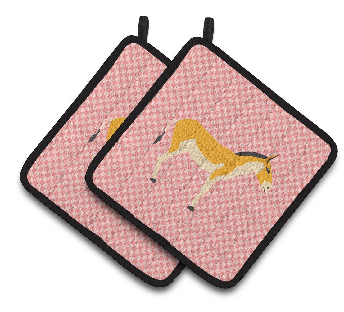 Turkmenian Kulan Donkey Pink Check Pair of Pot Holders BB7854PTHD by Caroline's Treasures