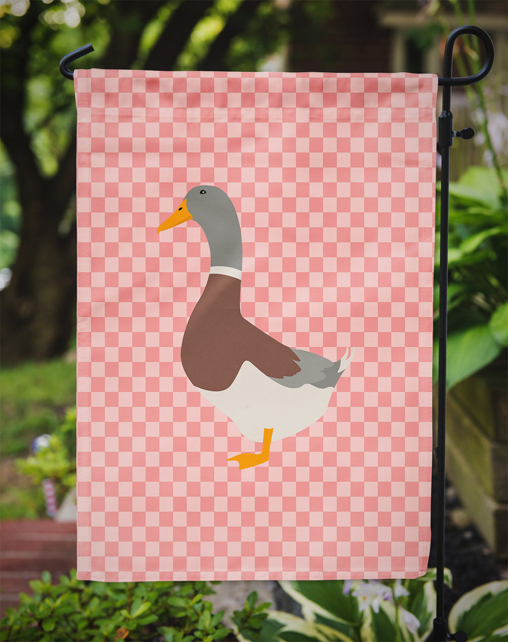 Saxony Sachsenente Duck Pink Check Flag Garden Size  the-store.com.