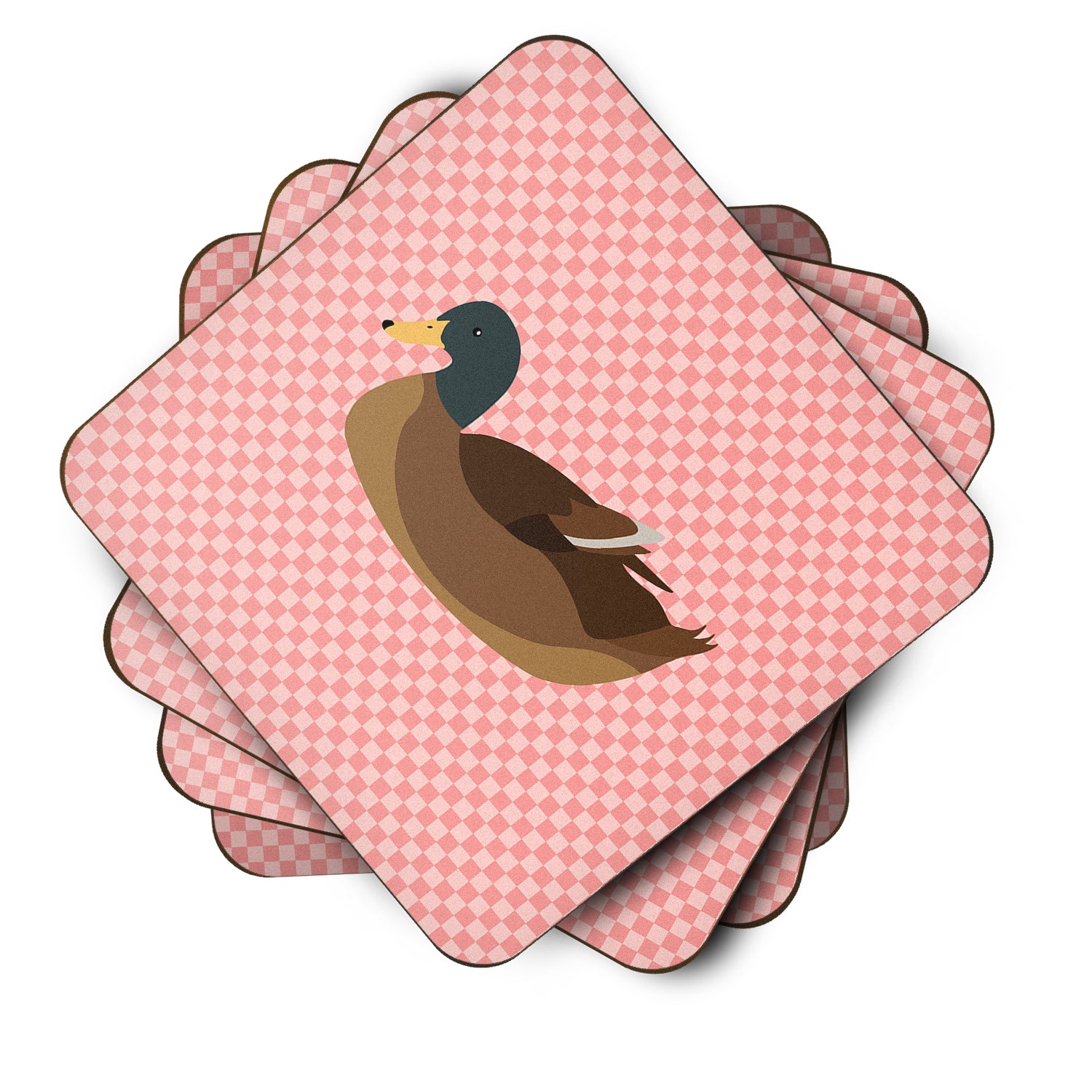 Khaki Campbell Duck Pink Check Foam Coaster Set of 4 BB7866FC - the-store.com