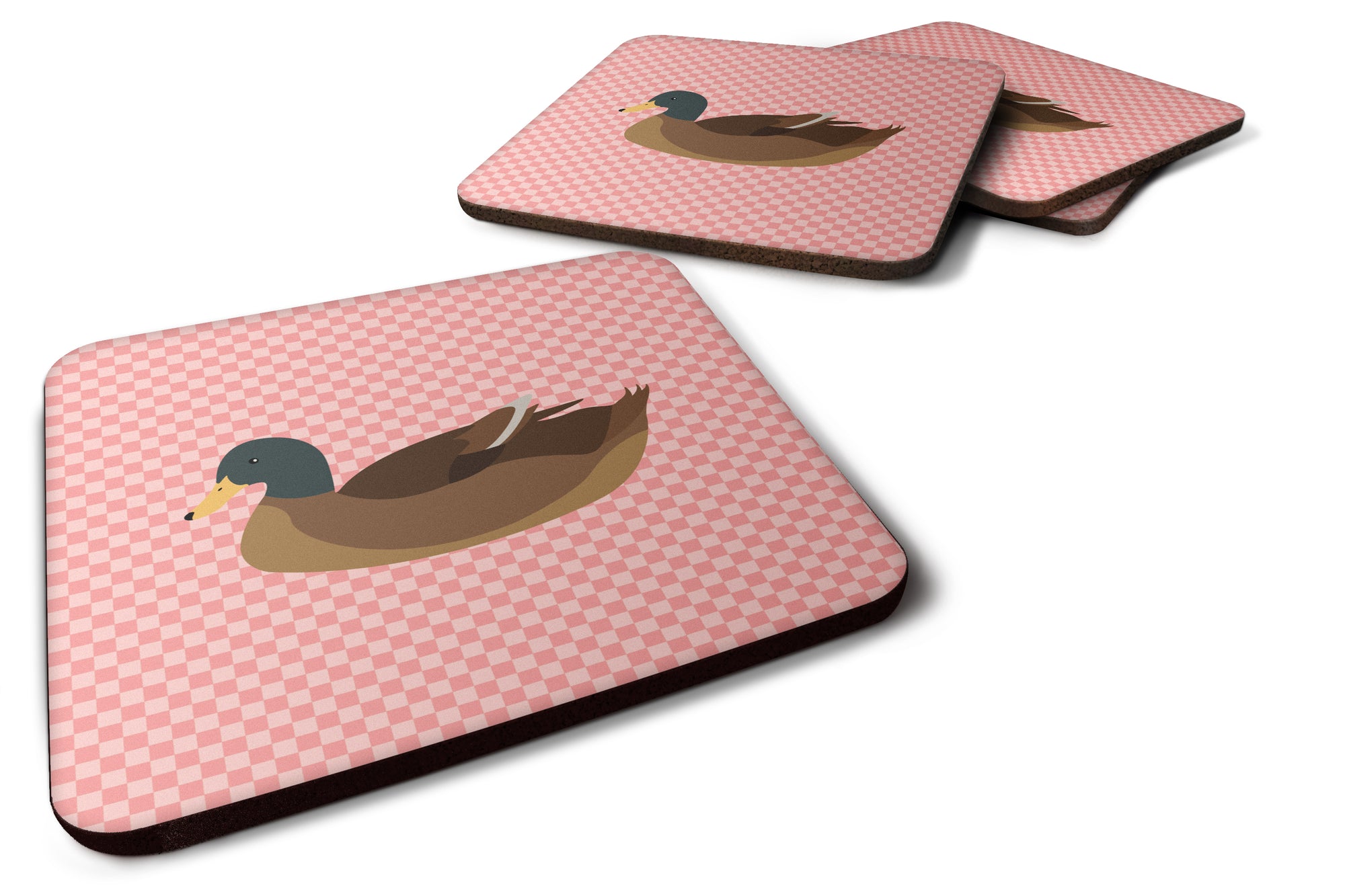 Khaki Campbell Duck Pink Check Foam Coaster Set of 4 BB7866FC - the-store.com