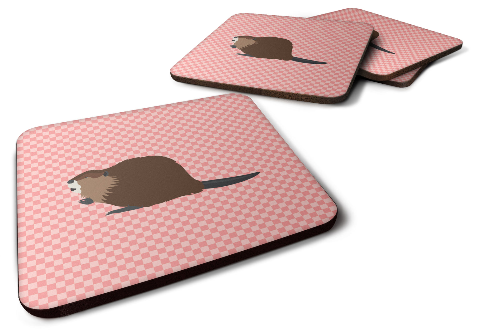 Eurasian Beaver Pink Check Foam Coaster Set of 4 BB7873FC - the-store.com