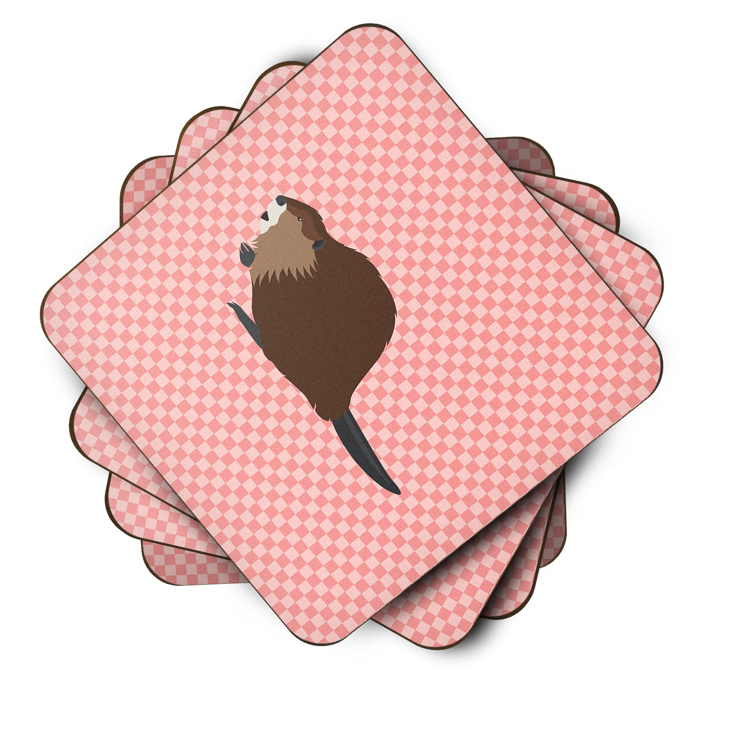 Eurasian Beaver Pink Check Foam Coaster Set of 4 BB7873FC - the-store.com