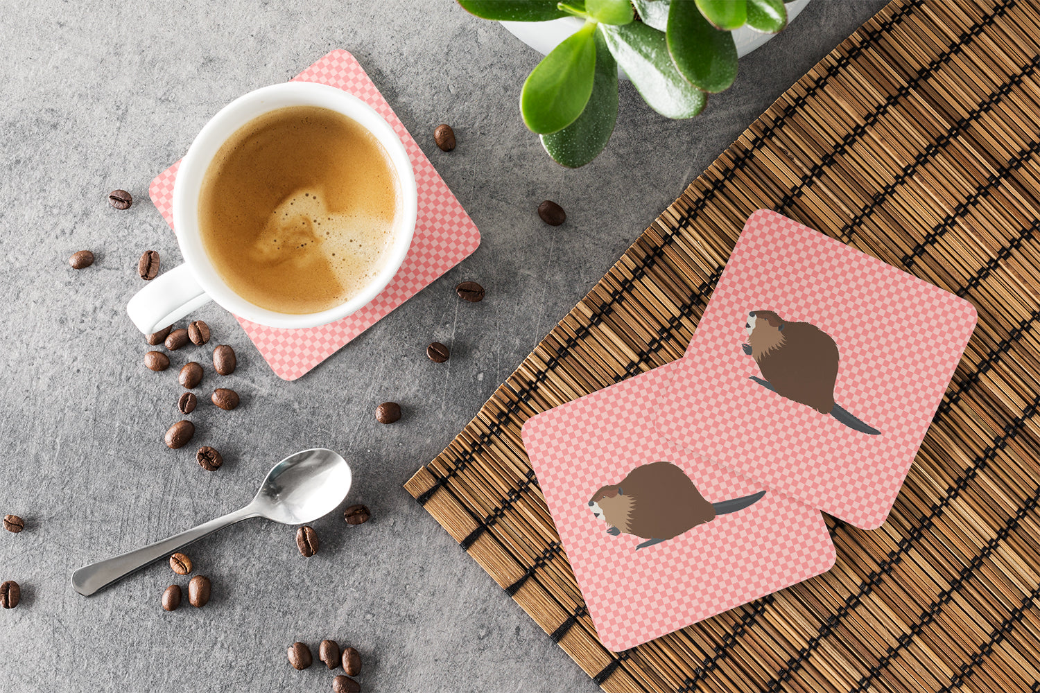 Eurasian Beaver Pink Check Foam Coaster Set of 4 BB7873FC - the-store.com