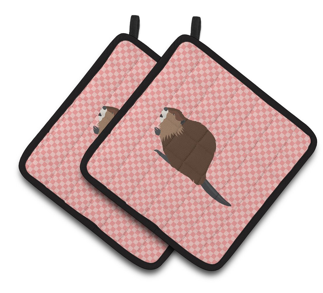 Eurasian Beaver Pink Check Pair of Pot Holders BB7873PTHD by Caroline's Treasures